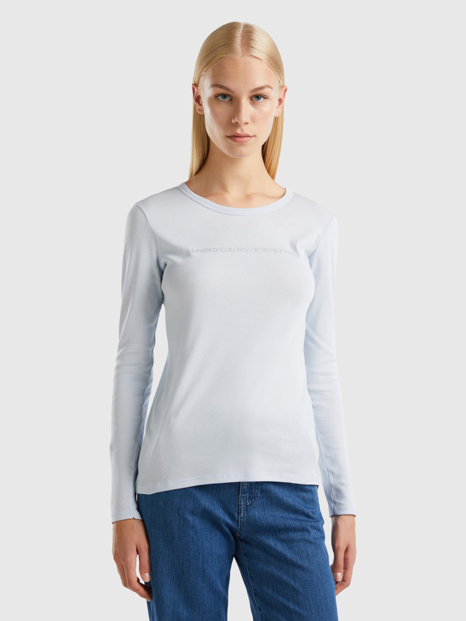 Benetton, T-shirt In Himmelblau Mit Langen Ärmeln, Blassblau, female