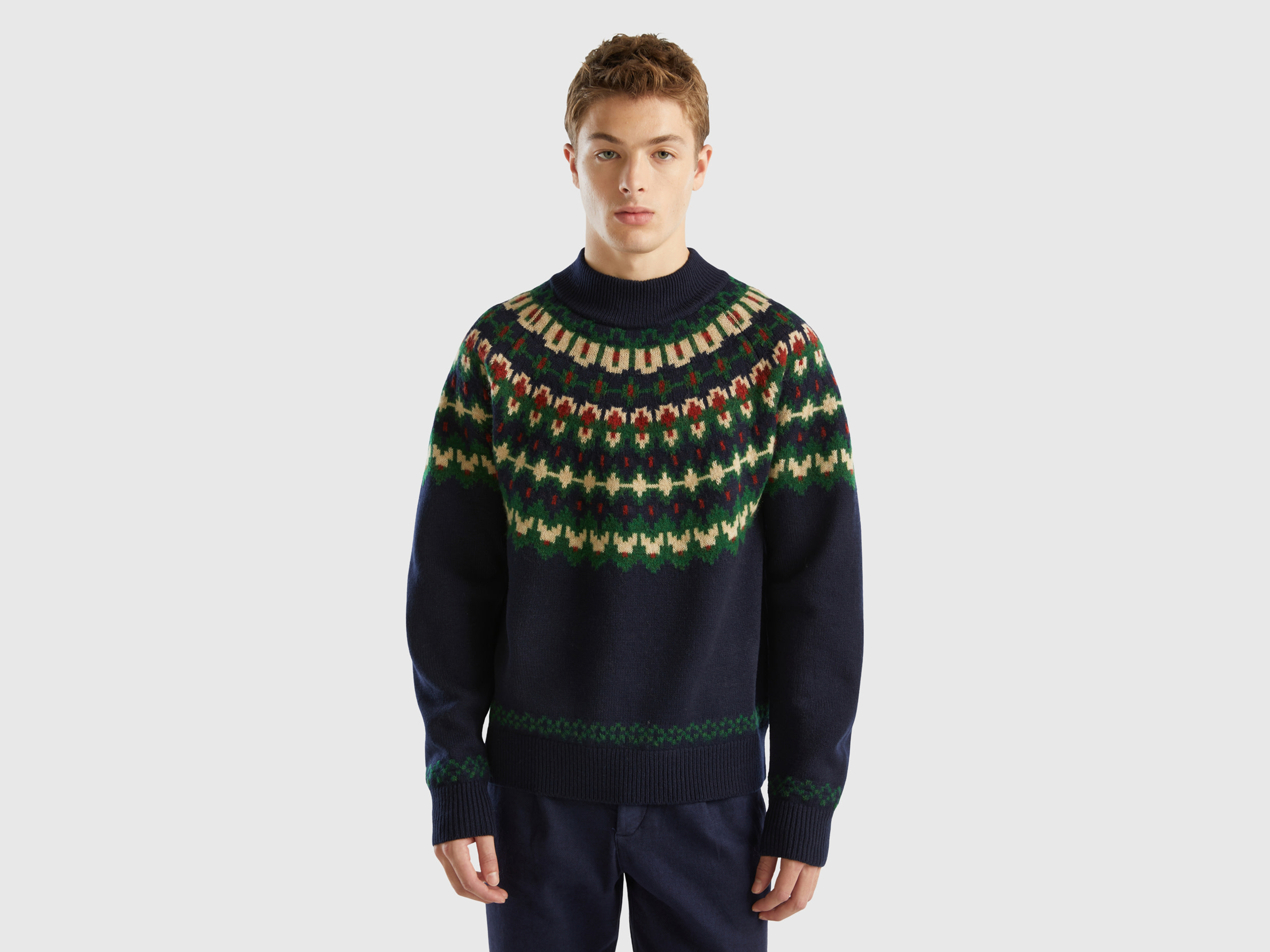Benetton, Jacquard Turtleneck Sweater, size XL, Dark Blue, Men