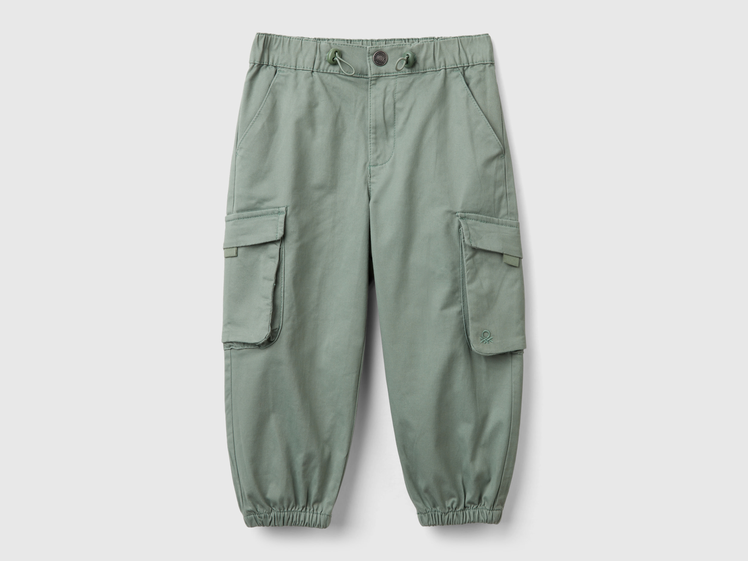Benetton, Pantaloni Parachute In Cotone Stretch, Verde Chiaro, Bambini