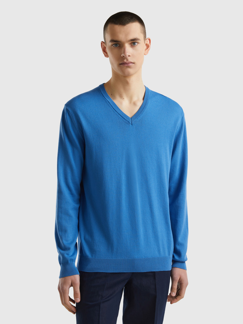 Benetton, V-neck Sweater In Pure Cotton, Blue, Men