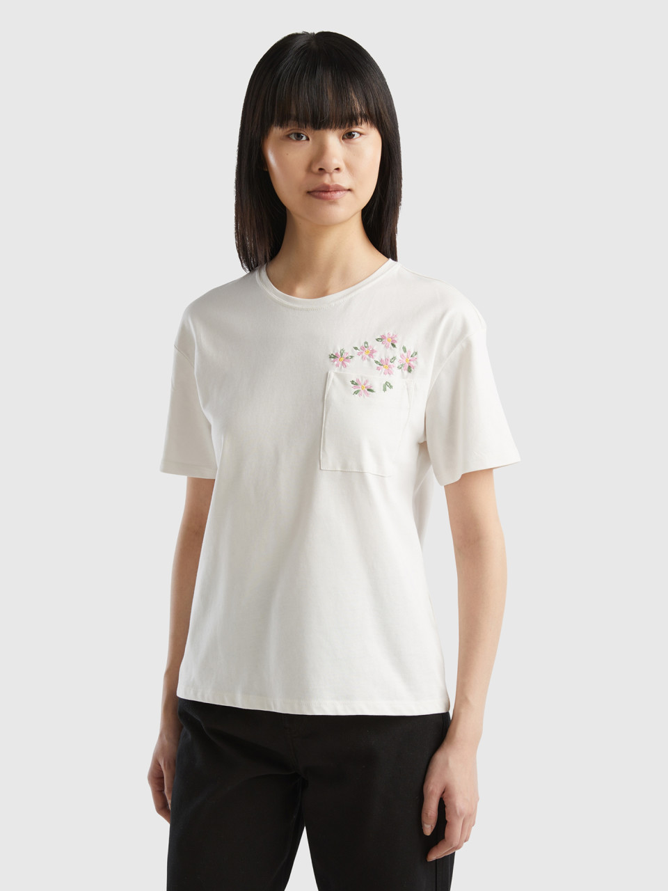 Benetton, T-shirt With Pocket And Embroidery, Creamy White, Women