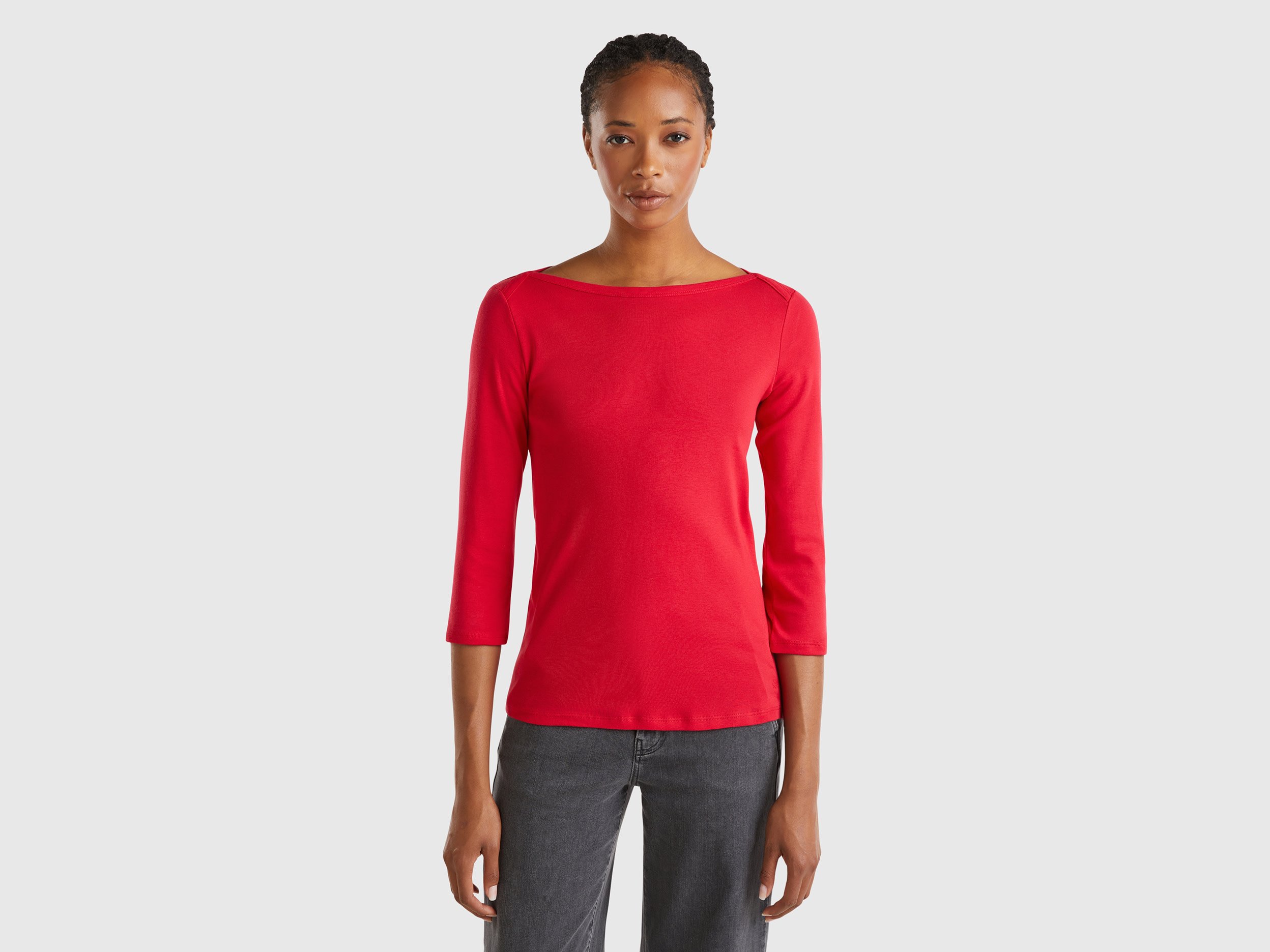 Benetton, T-shirt Con Scollo A Barchetta 100% Cotone, Prugna, Donna