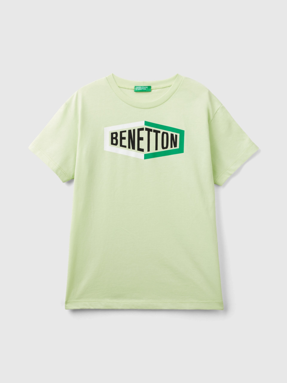 Benetton, T-shirt 100% Cotone Bio Con Logo, Lime, Bambini