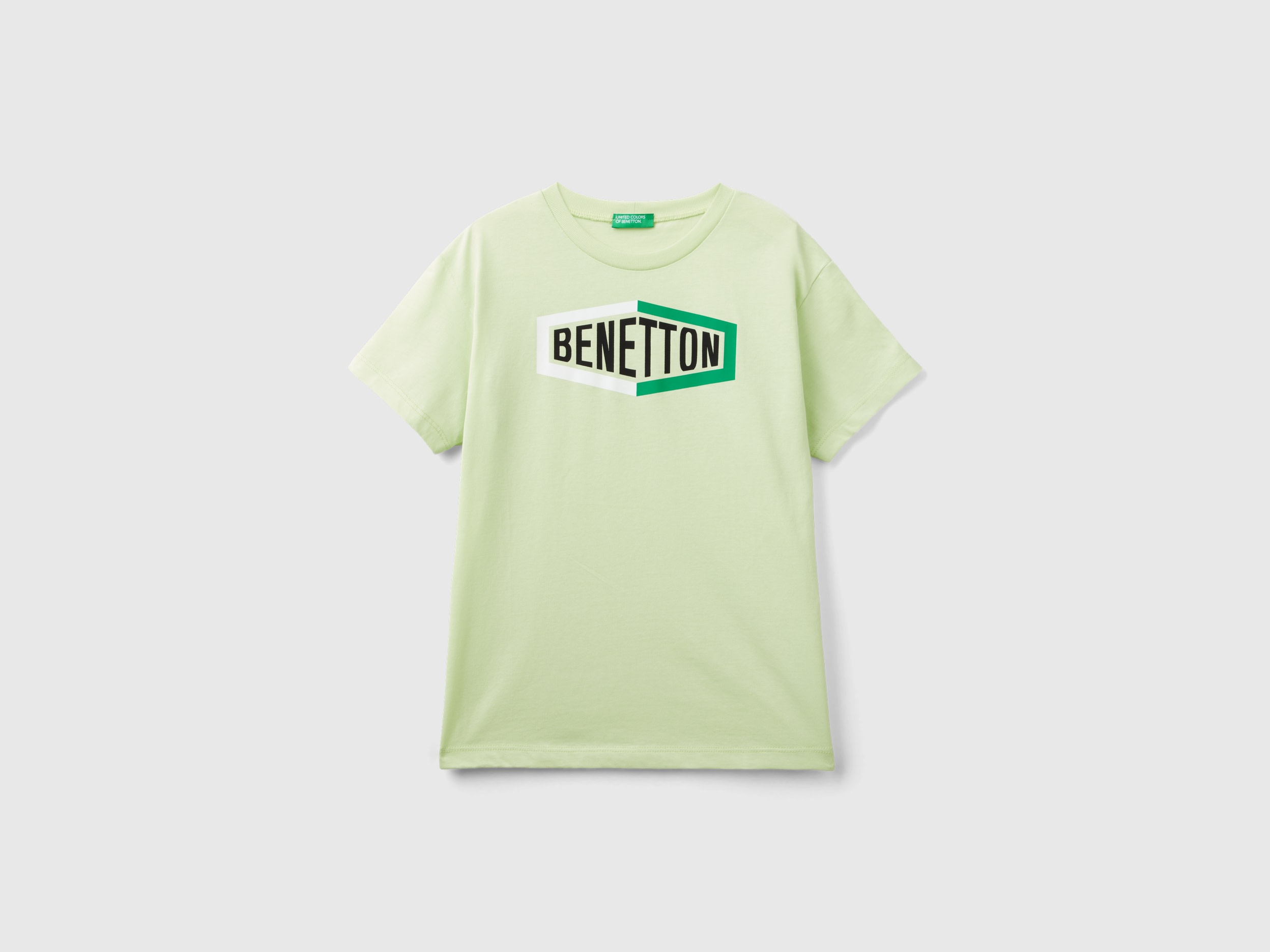 Image of Benetton, 100% Organic Cotton T-shirt With Logo, size L, Lime, Kids