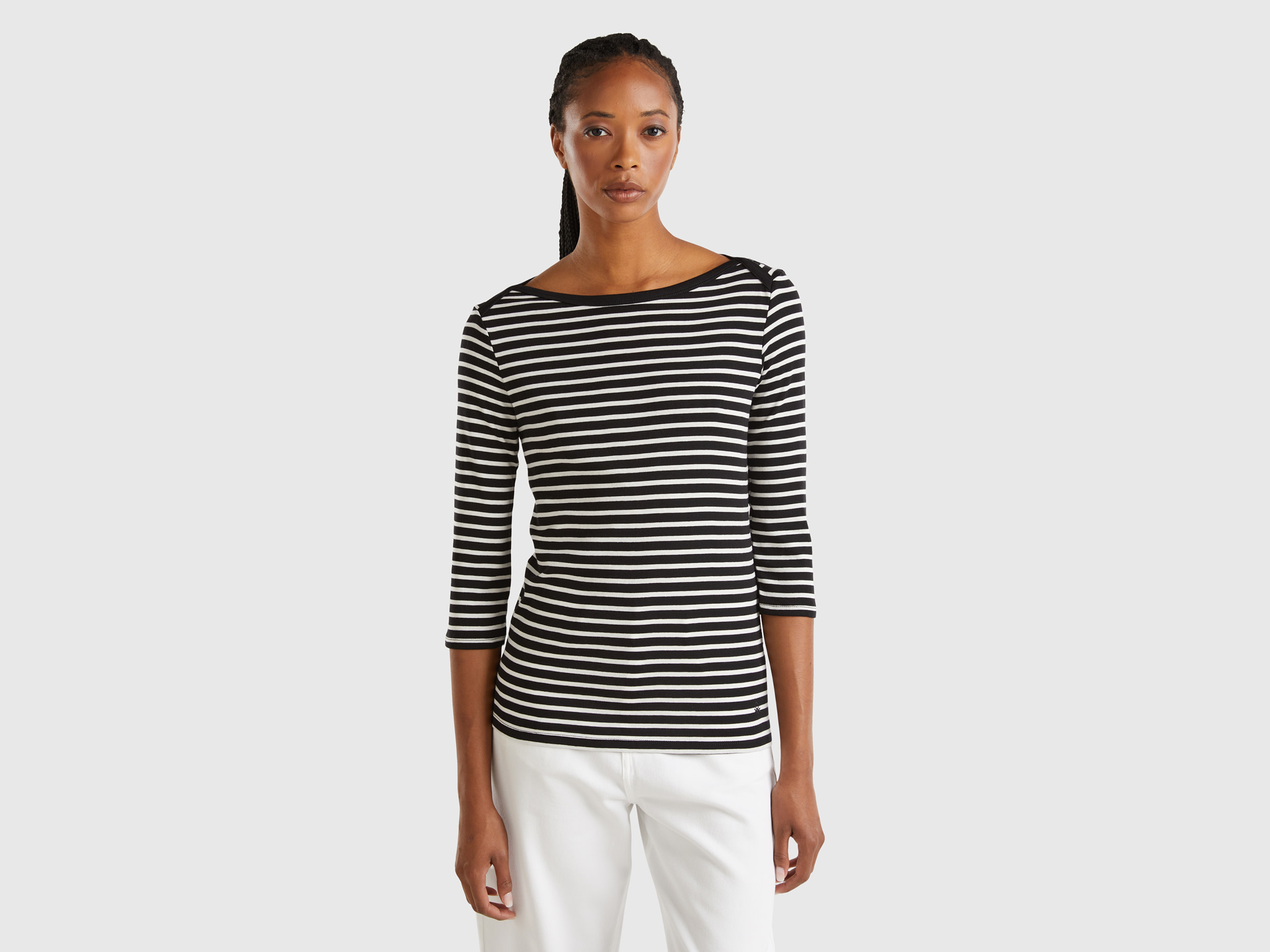 Benetton, T-shirt Manica 3/4 A Righe In Puro Cotone, Nero, Donna