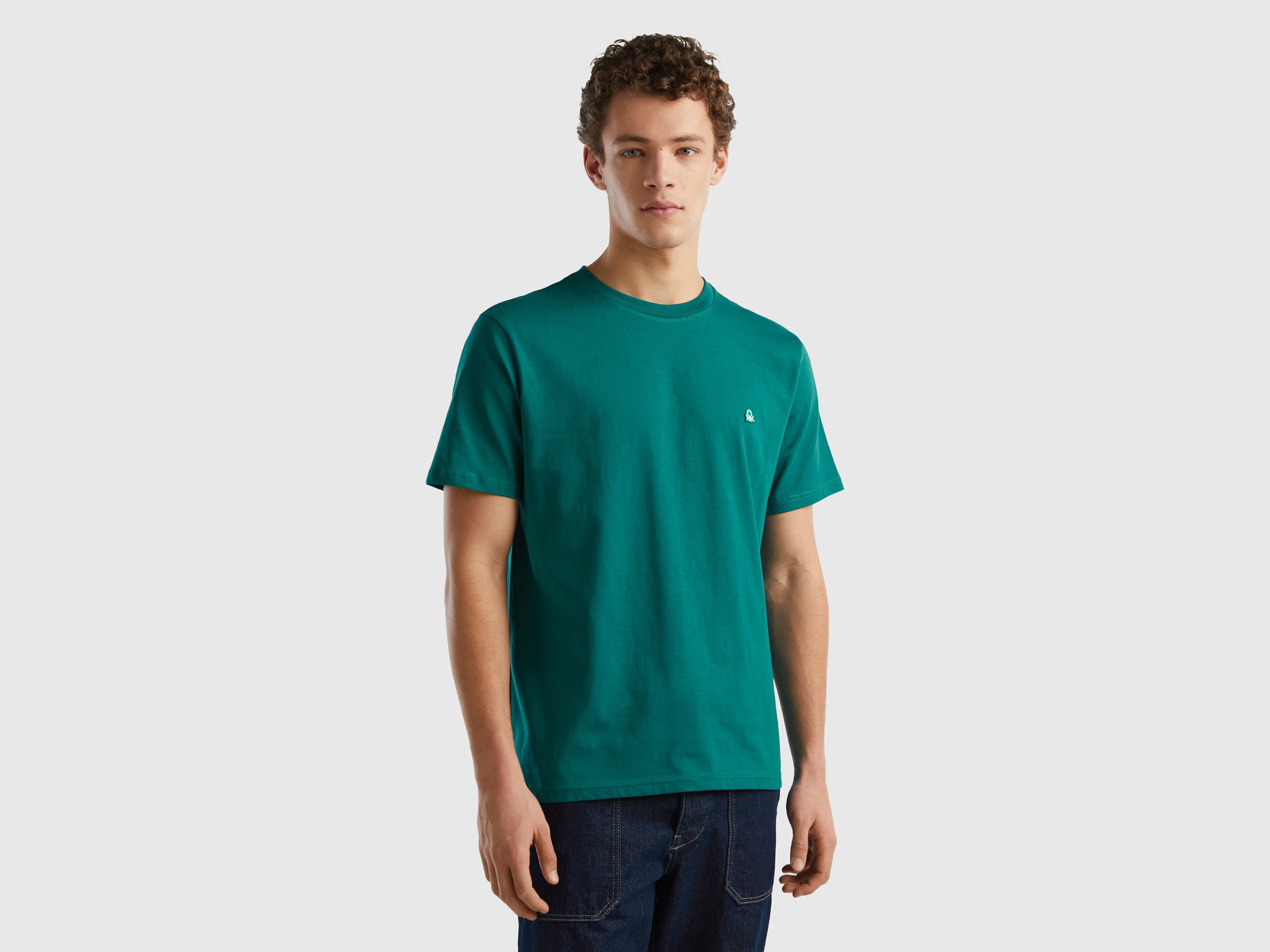 Image of Benetton, 100% Organic Cotton Basic T-shirt, size XS, Teal, Men