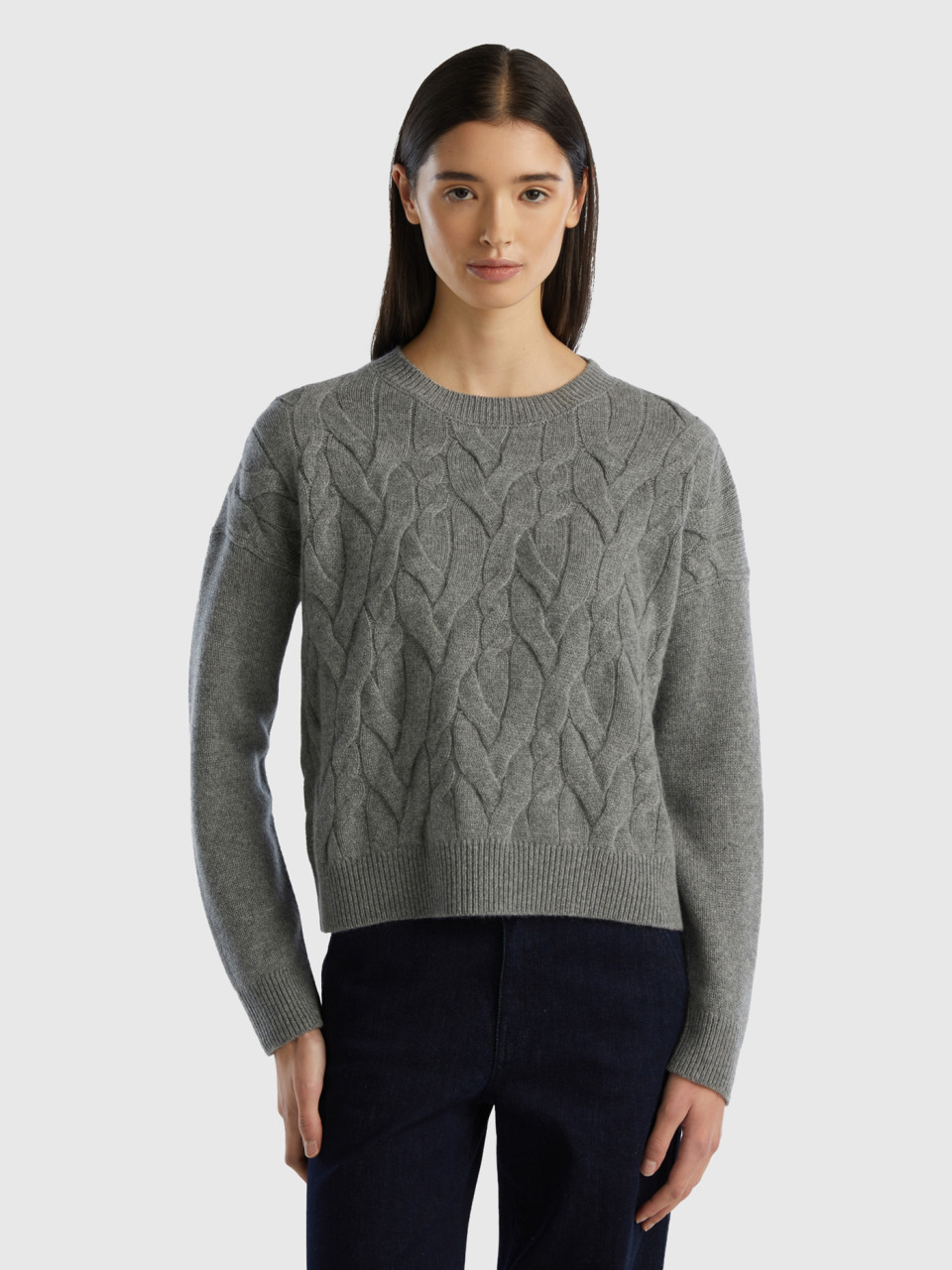 Benetton, Knit Sweater In Pure Cashmere, Dark Gray, Women
