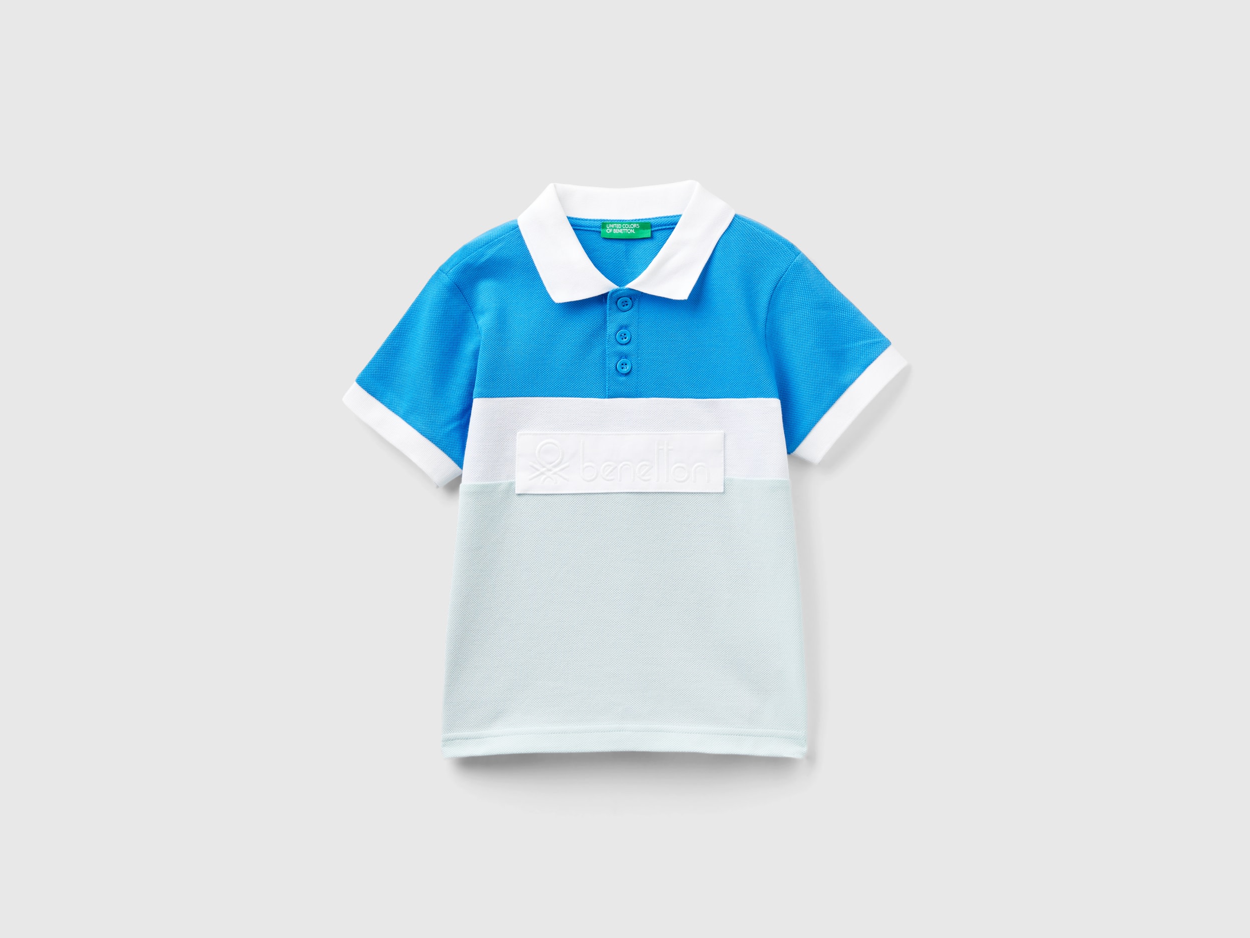 Image of Benetton, Color Block Polo Shirt With Patch, size 82, Blue, Kids