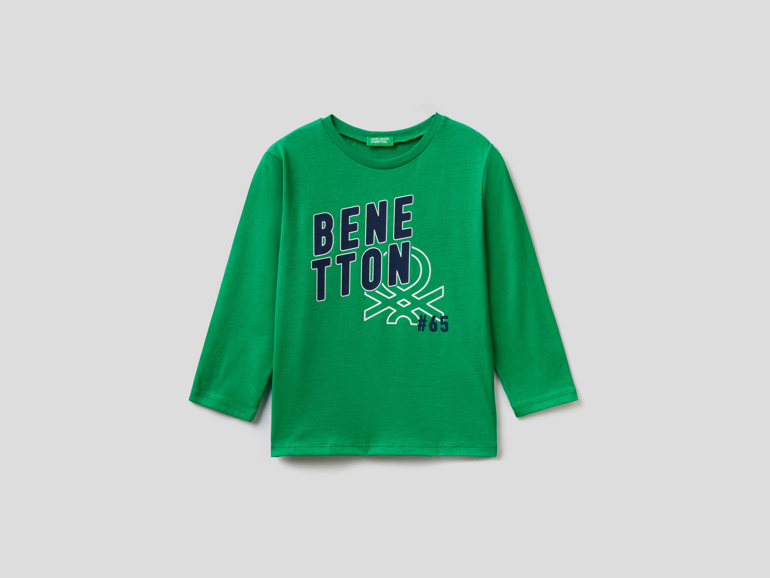Benetton, T shirt Manica Lunga In Cotone Bio, Verde, Bambini