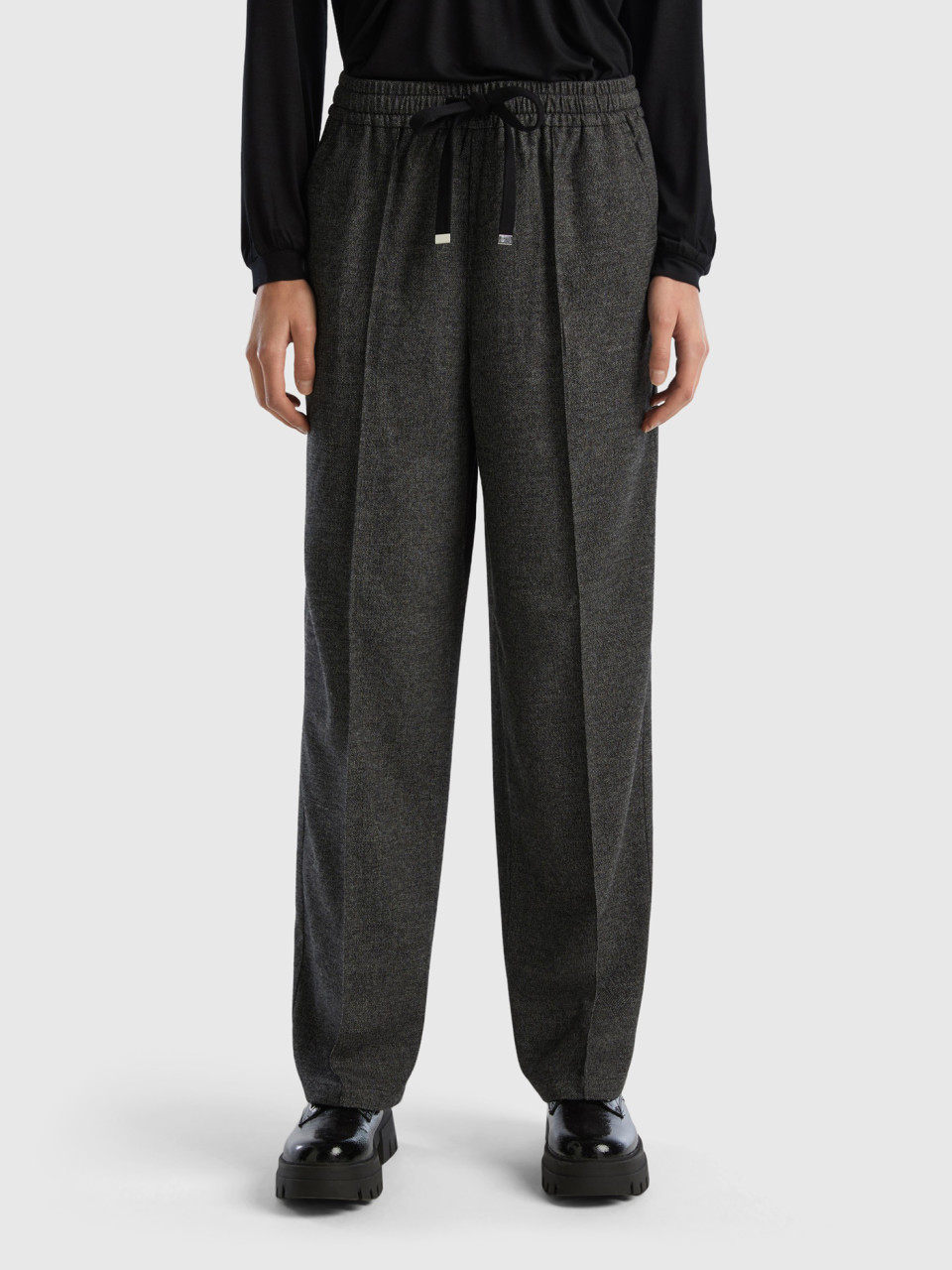 Benetton, Flannel Trousers With Drawstring, Dark Gray, Women