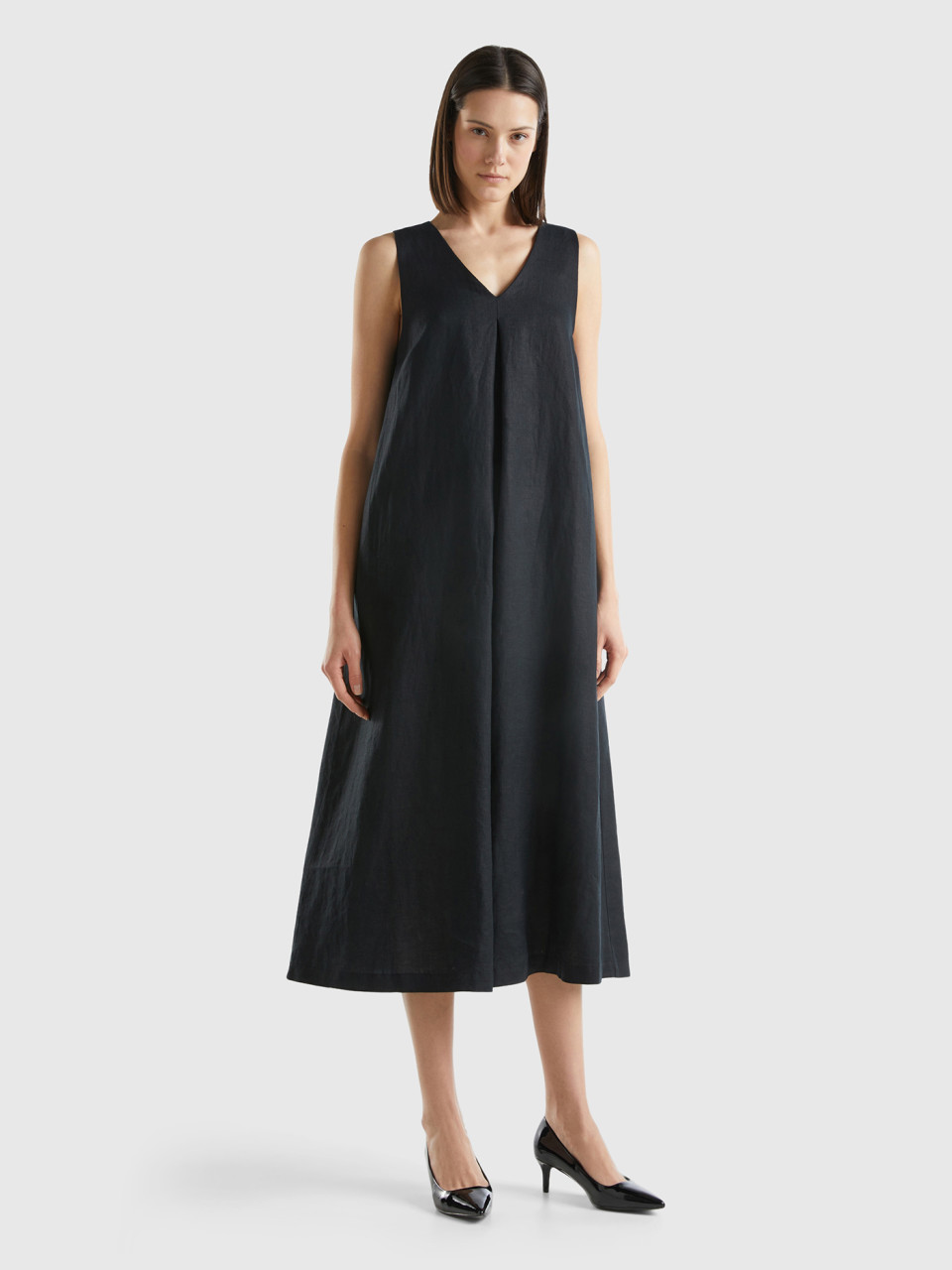 Benetton, Sleeveless Dress In Pure Linen, Black, Women