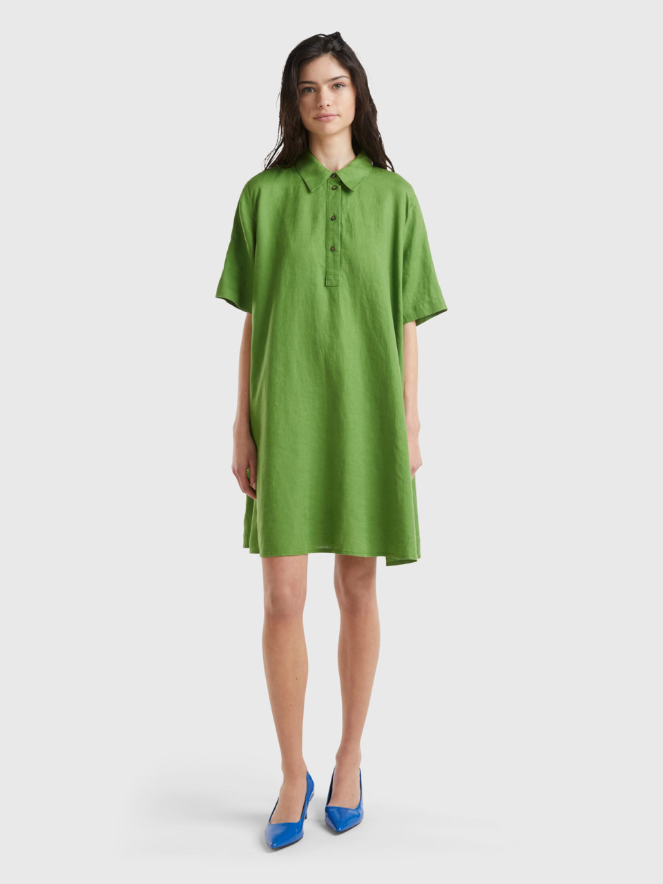 Benetton, Cropped Dress In Pure Linen, Military Green, Women