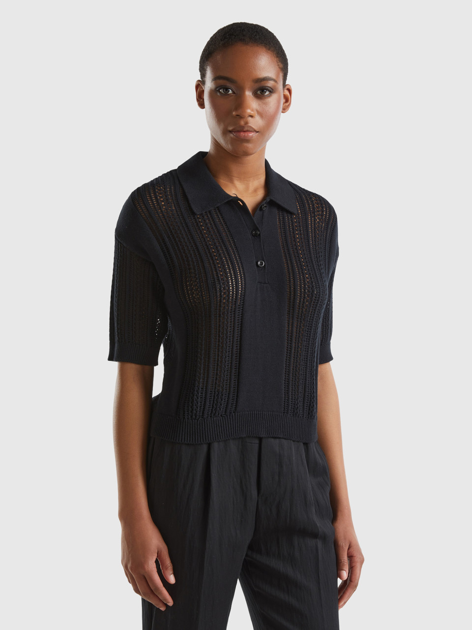 Benetton, Crochet Knit Polo Shirt, Black, Women