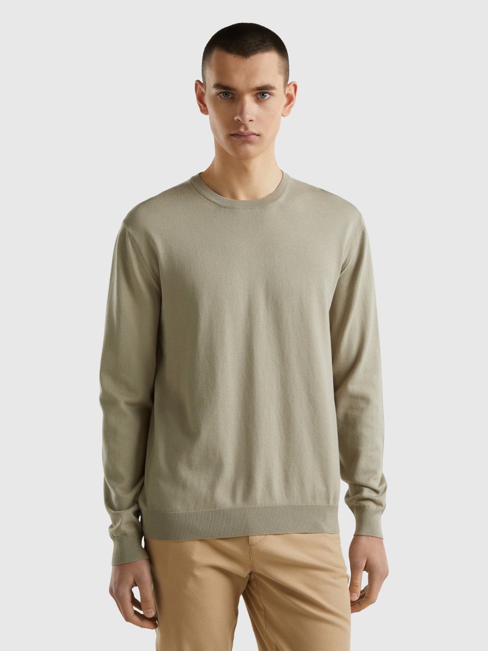 Benetton, Crew Neck Sweater In 100% Cotton, Light Green, Men