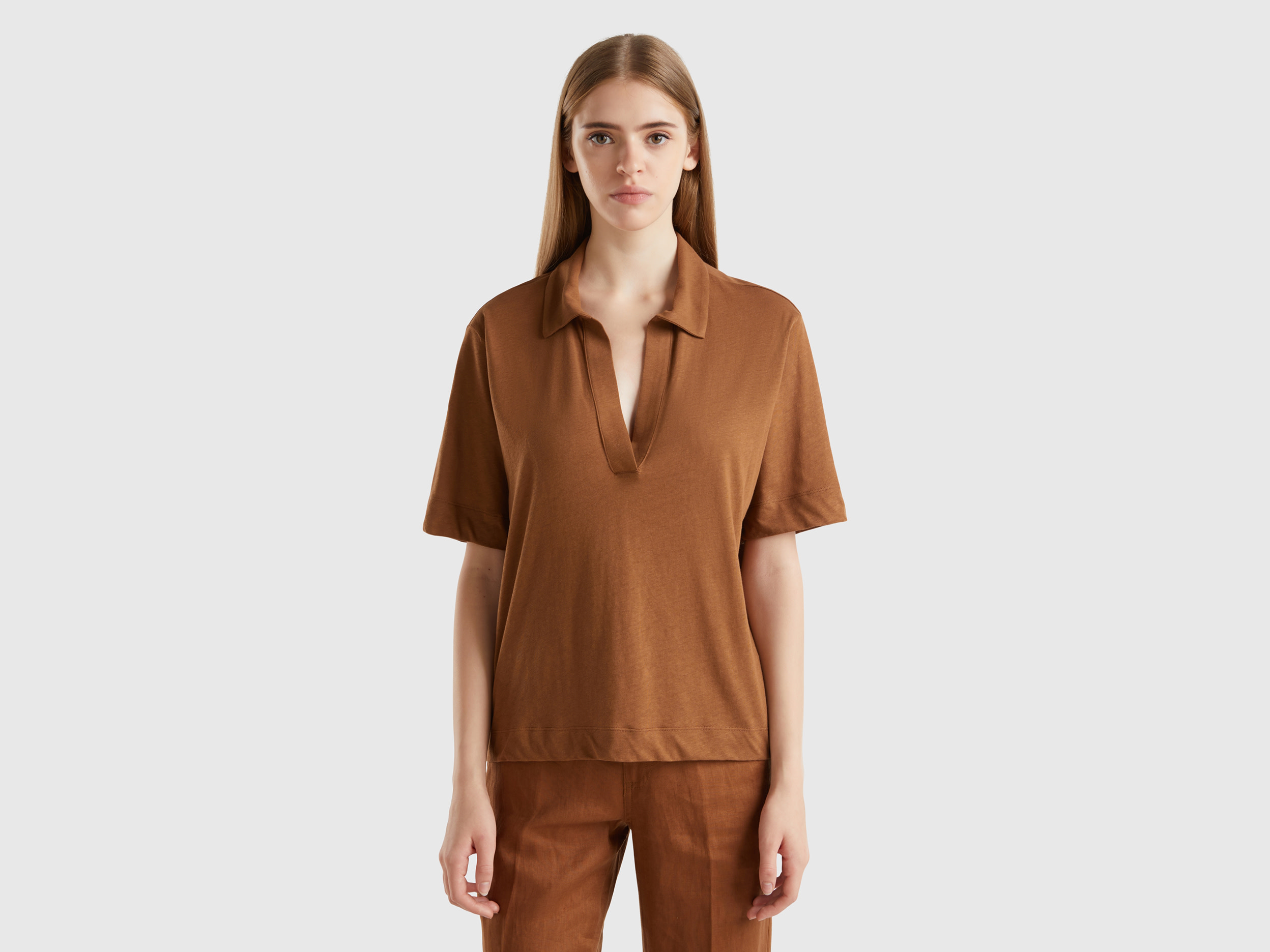 Benetton, Polo In Misto Cotone E Lino, Marrone, Donna
