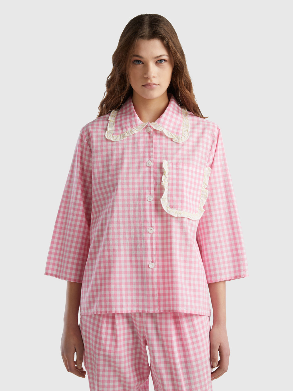 Benetton, Vichy Check Pattern Pyjama Jacket, Pink, Women
