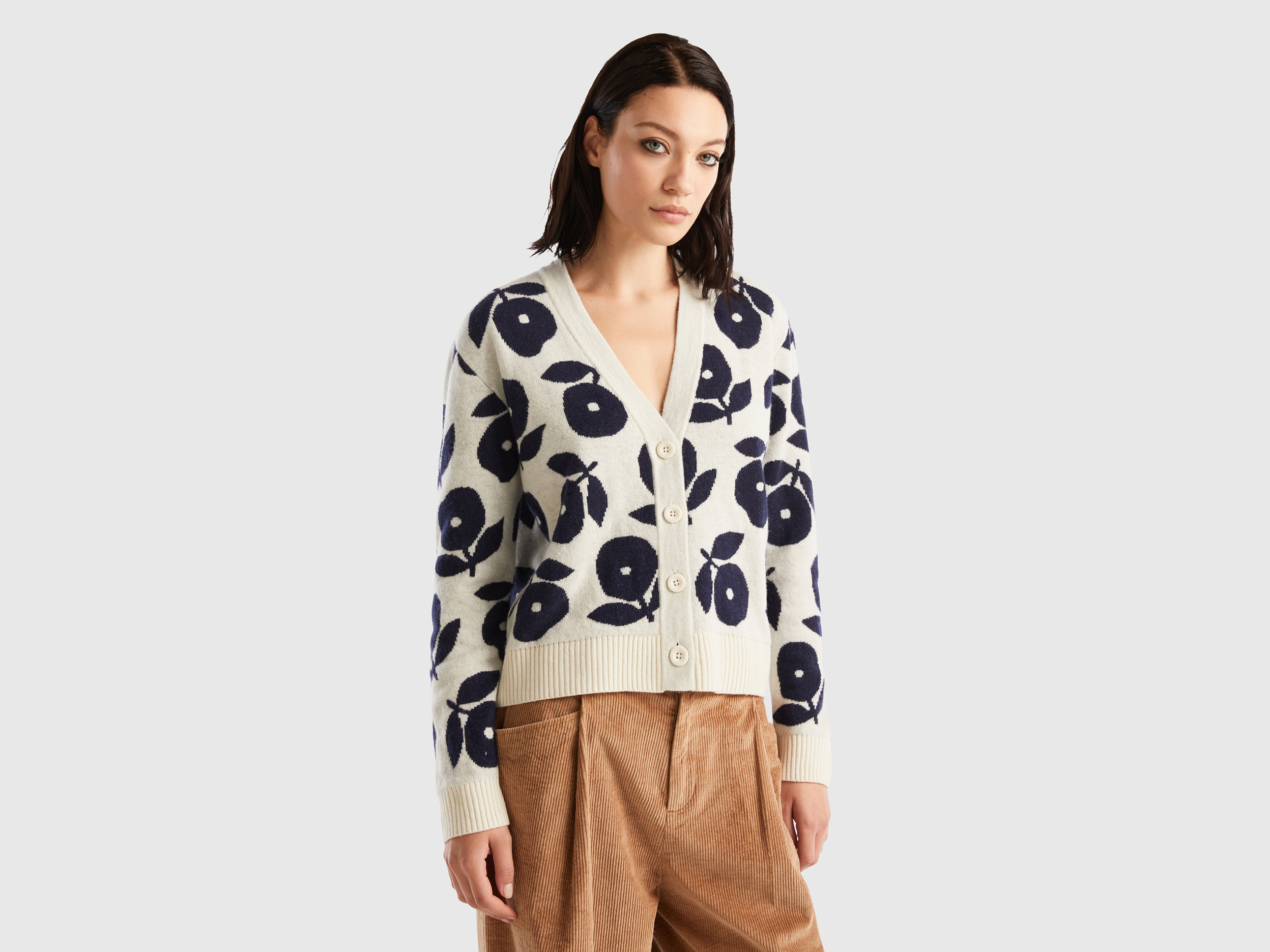 Benetton, Cardigan With Floral Inlays, size M, Creamy White, Women