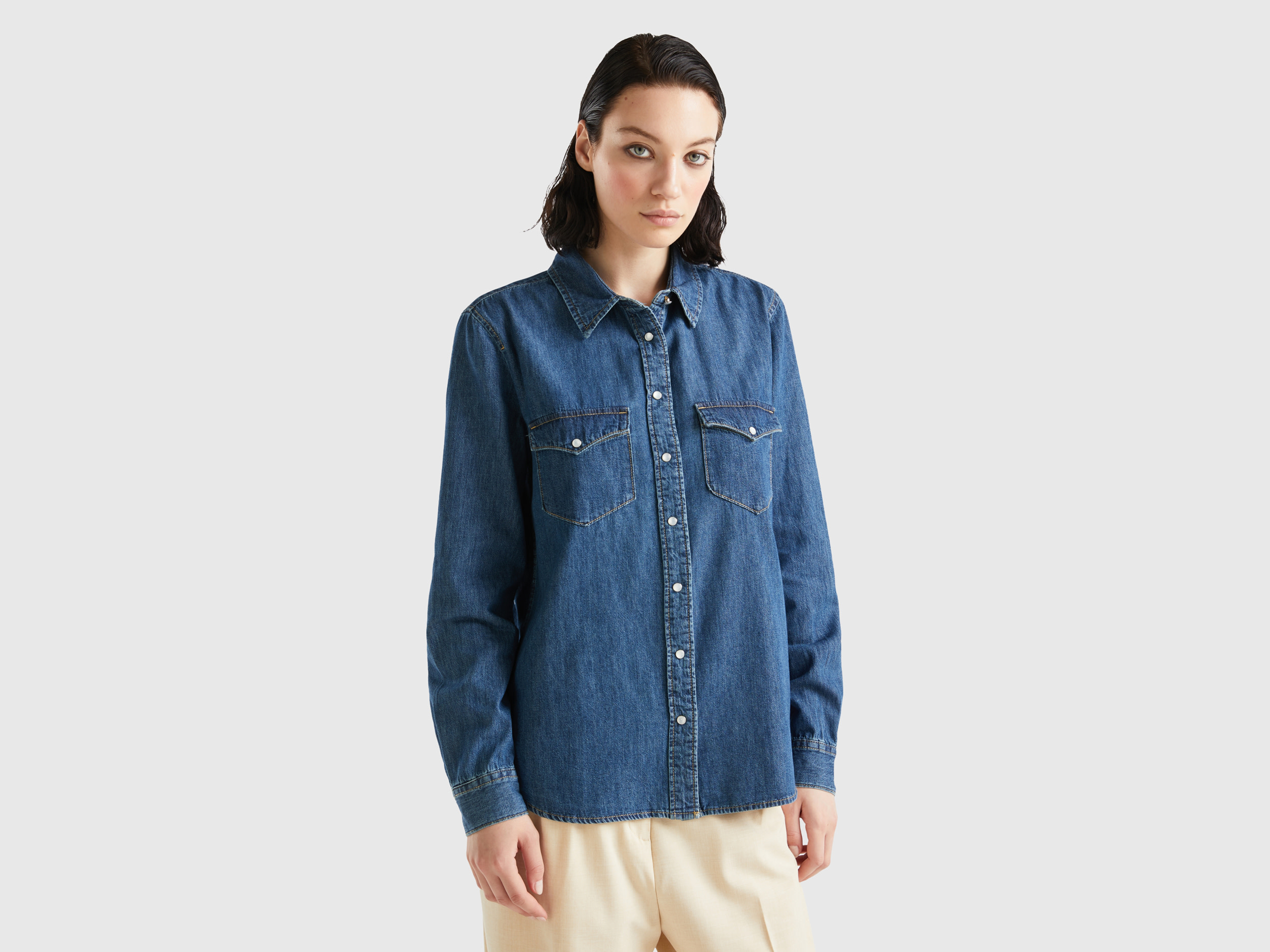 benetton, chemise en jeans coupe regular, taille xl, bleu, femme