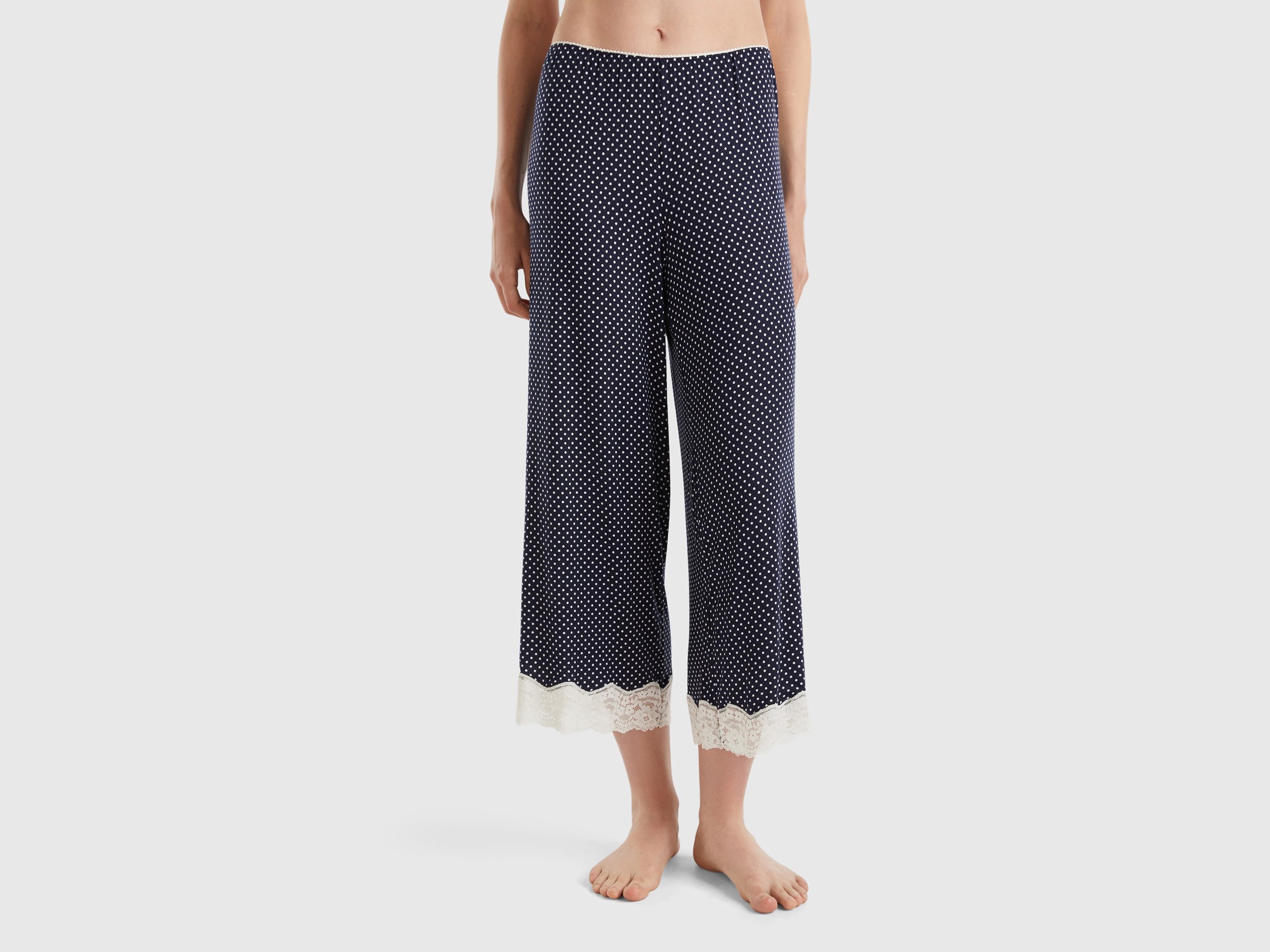 Benetton, Pantaloni A Pois Con Dettagli In Pizzo, Blu, Donna