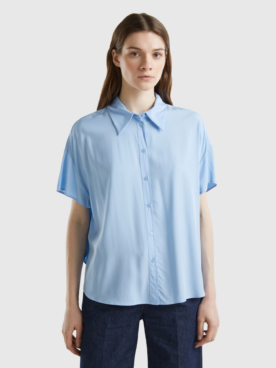 Benetton, Short Sleeve Shirt In Sustainable Viscose, Sky Blue, Women