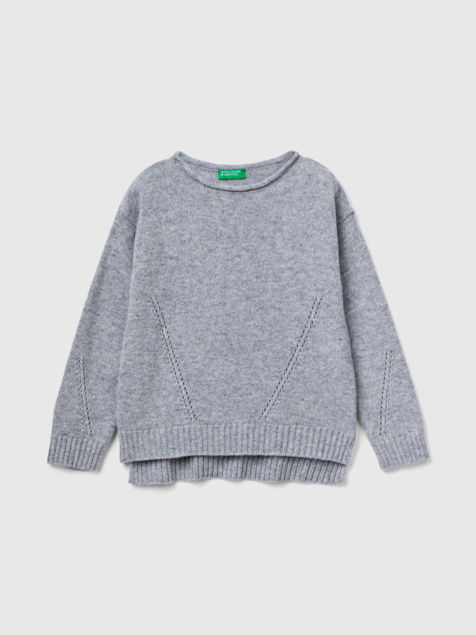 Benetton, Knit Sweater With Playful Stitching, Light Gray, Kids