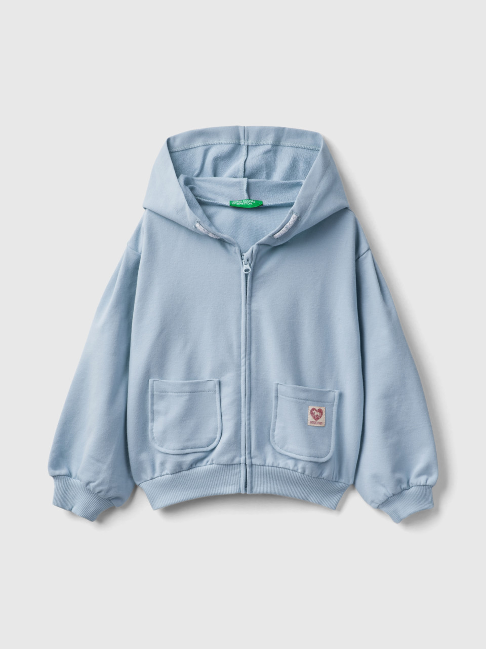 Benetton, Zip-up Sweatshirt In Stretch Organic Cotton, Sky Blue, Kids