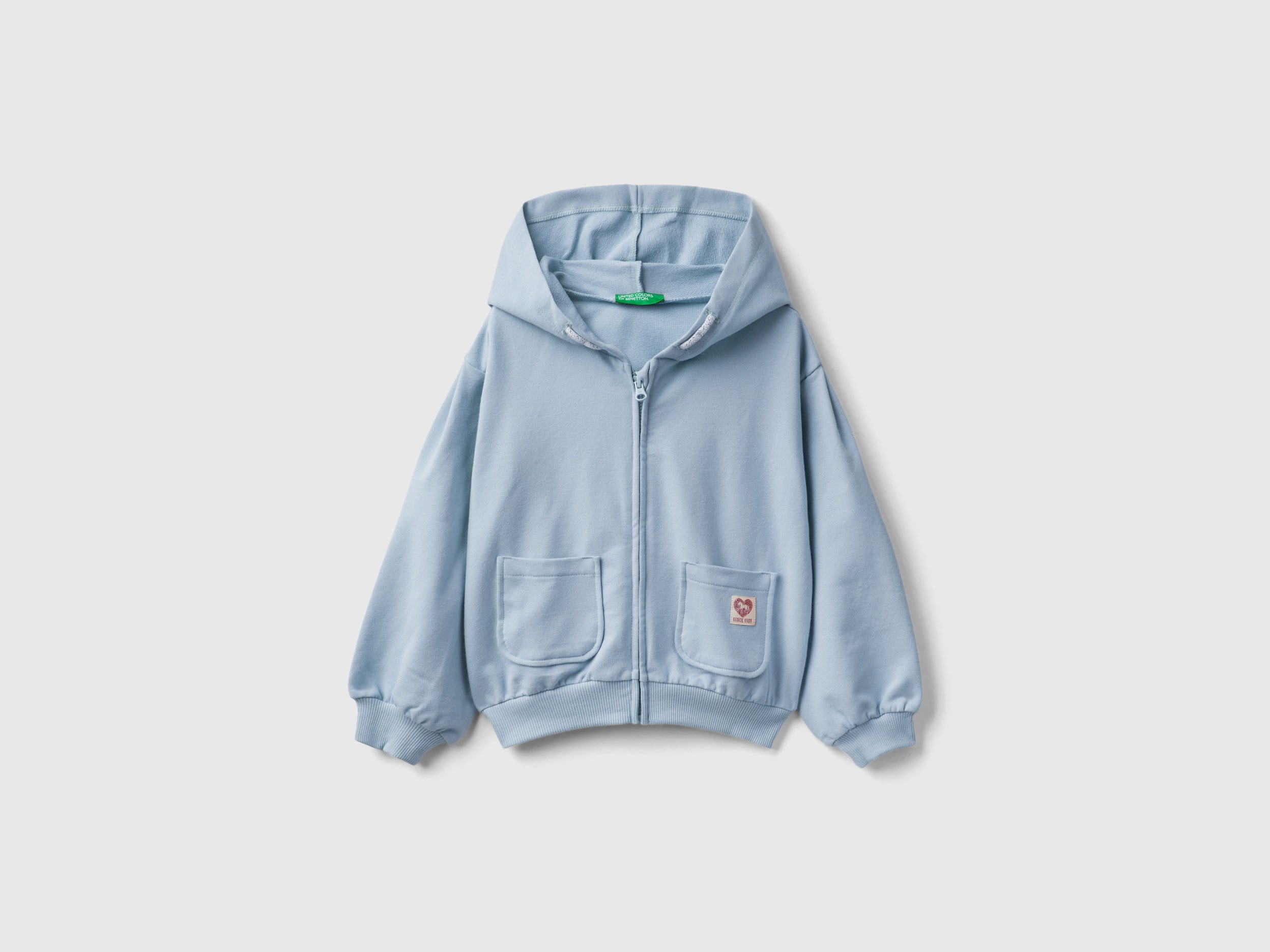 Image of Benetton, Zip-up Sweatshirt In Stretch Organic Cotton, size 98, Sky Blue, Kids