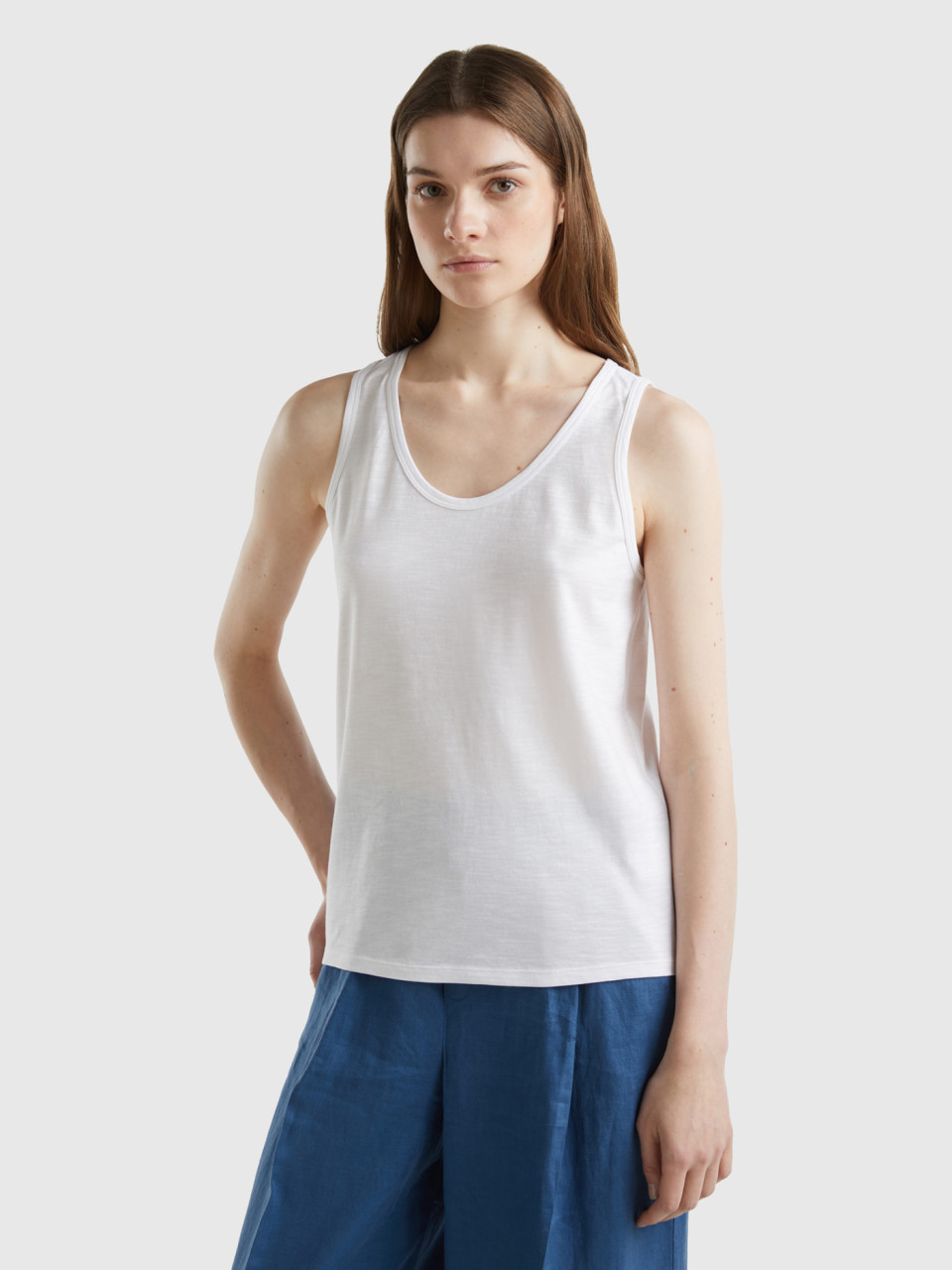 Benetton, Camiseta De Tirantes De Algodón Ligero, Blanco, Mujer