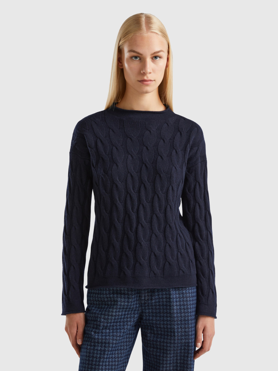 Benetton, Cable Knit Sweater, Dark Blue, Women