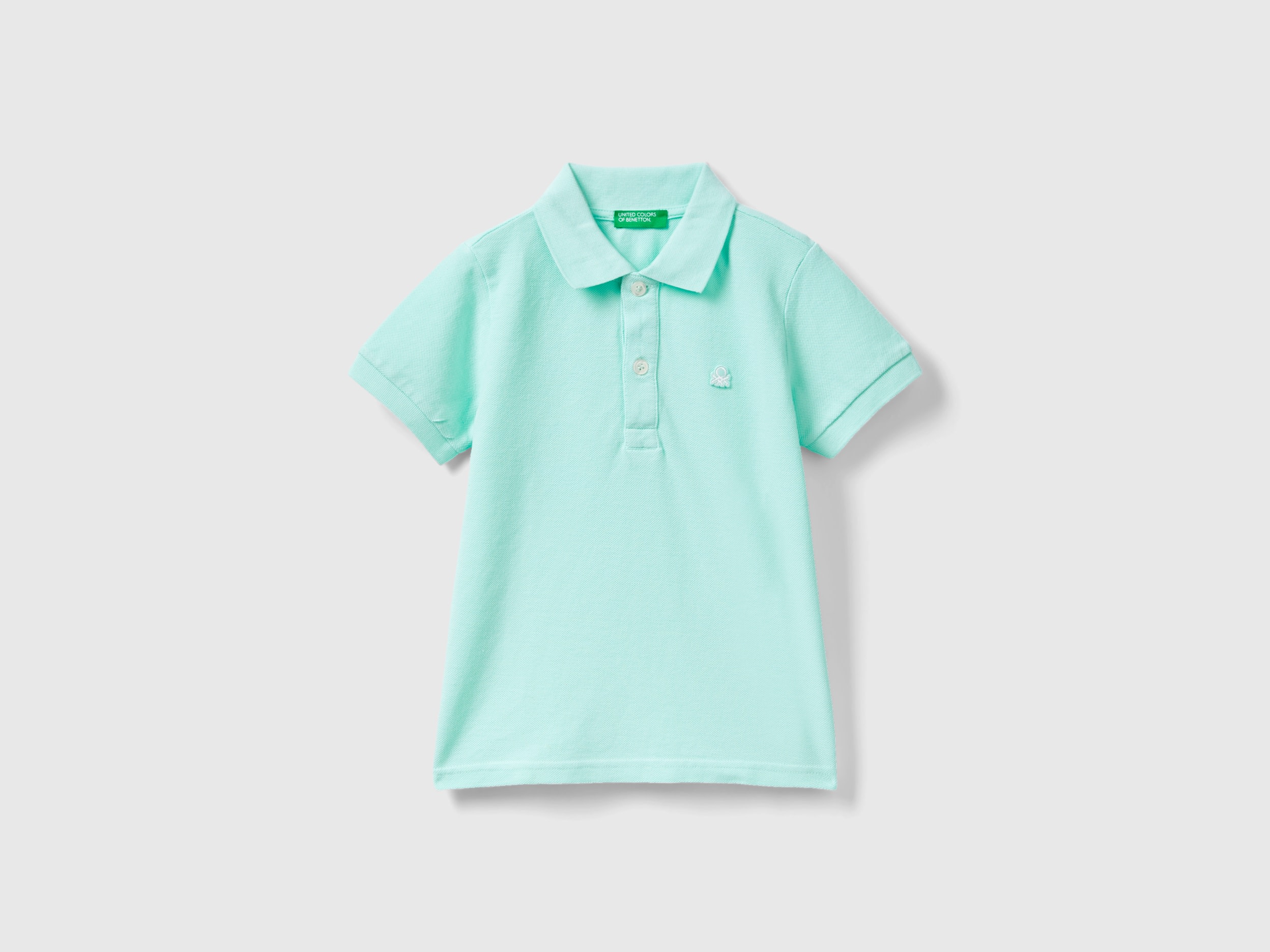 Image of Benetton, Short Sleeve Polo In Organic Cotton, size 104, Aqua, Kids