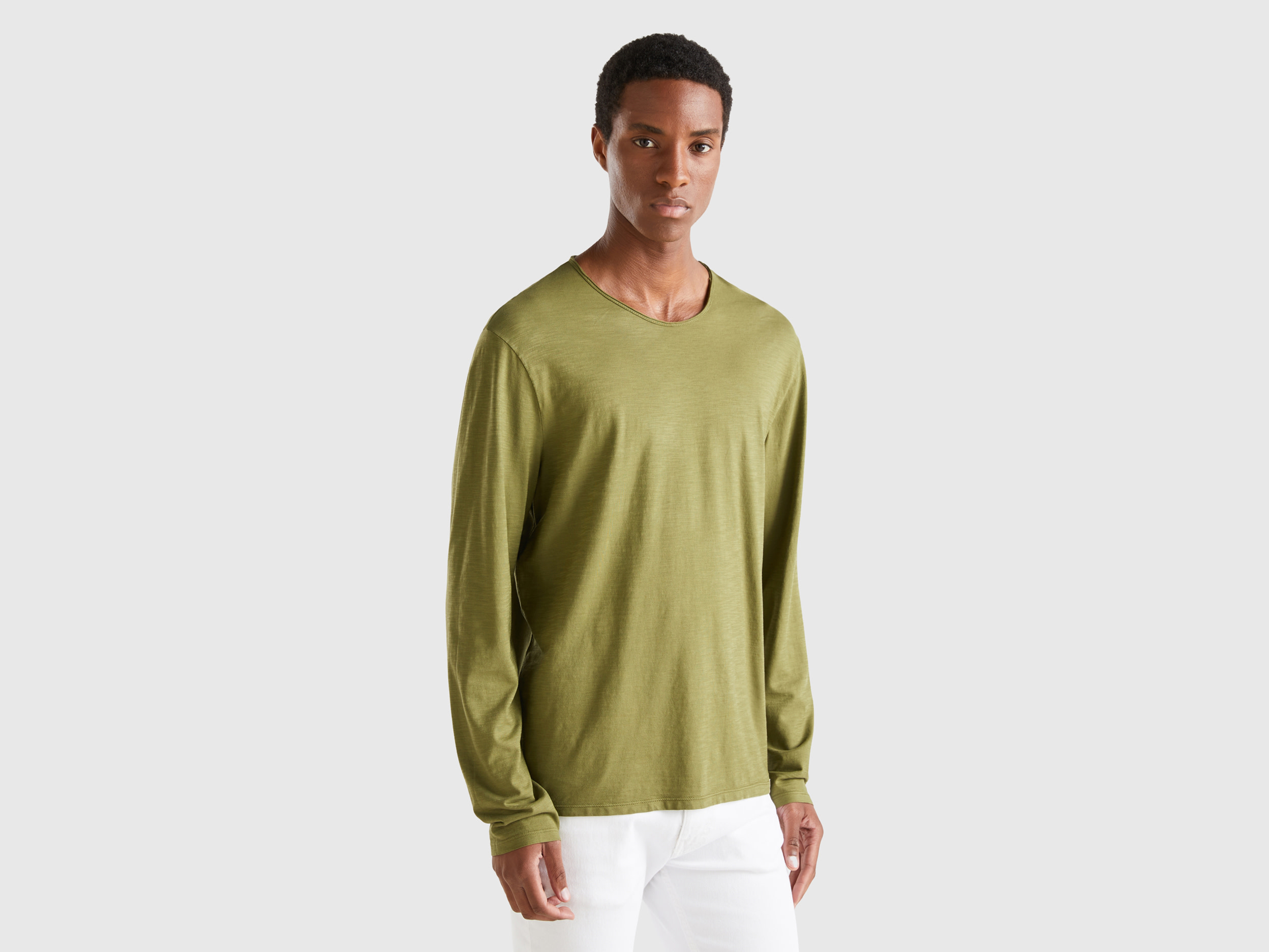 Benetton, Long Sleeve T-shirt In 100% Cotton, size XXXL, Military Green, Men