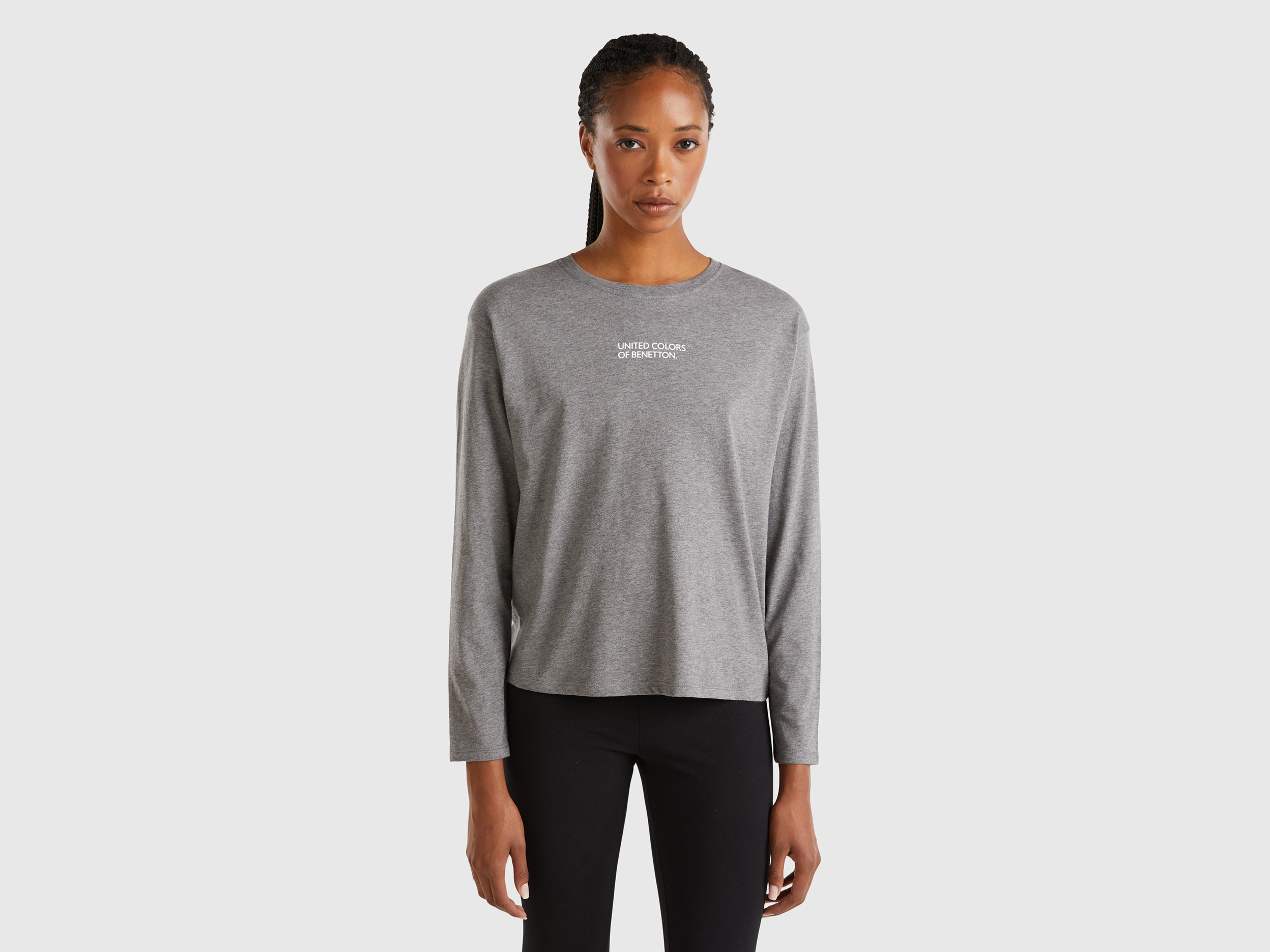 Benetton, Maglietta Con Stampa Logo, Grigio Scuro, Donna