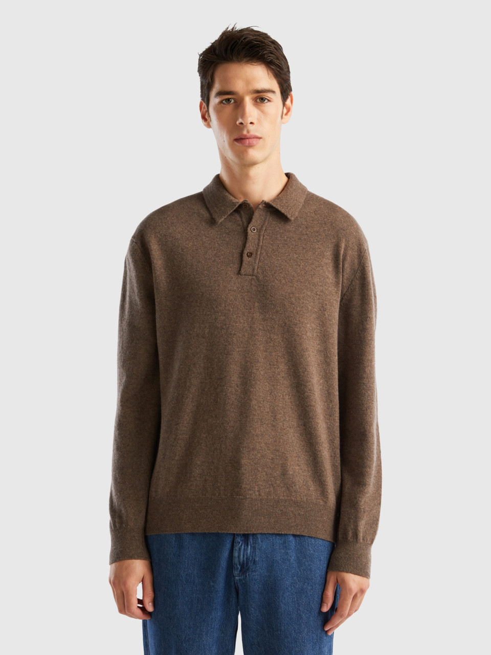 Benetton, Brown Polo Shirt In Pure Merino Wool, Brown, Men