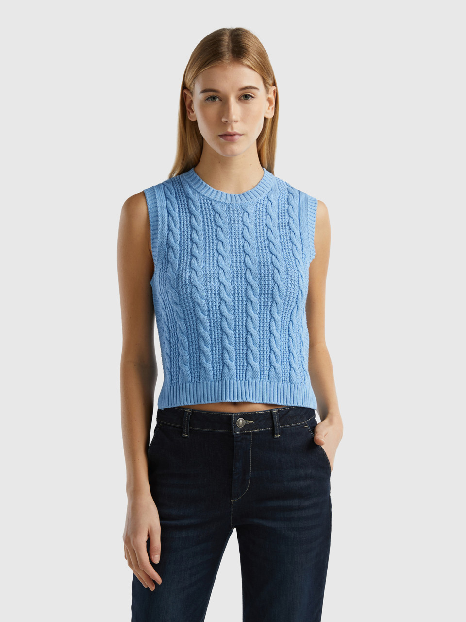 Benetton, Cropped Cable Knit Vest, Light Blue, Women