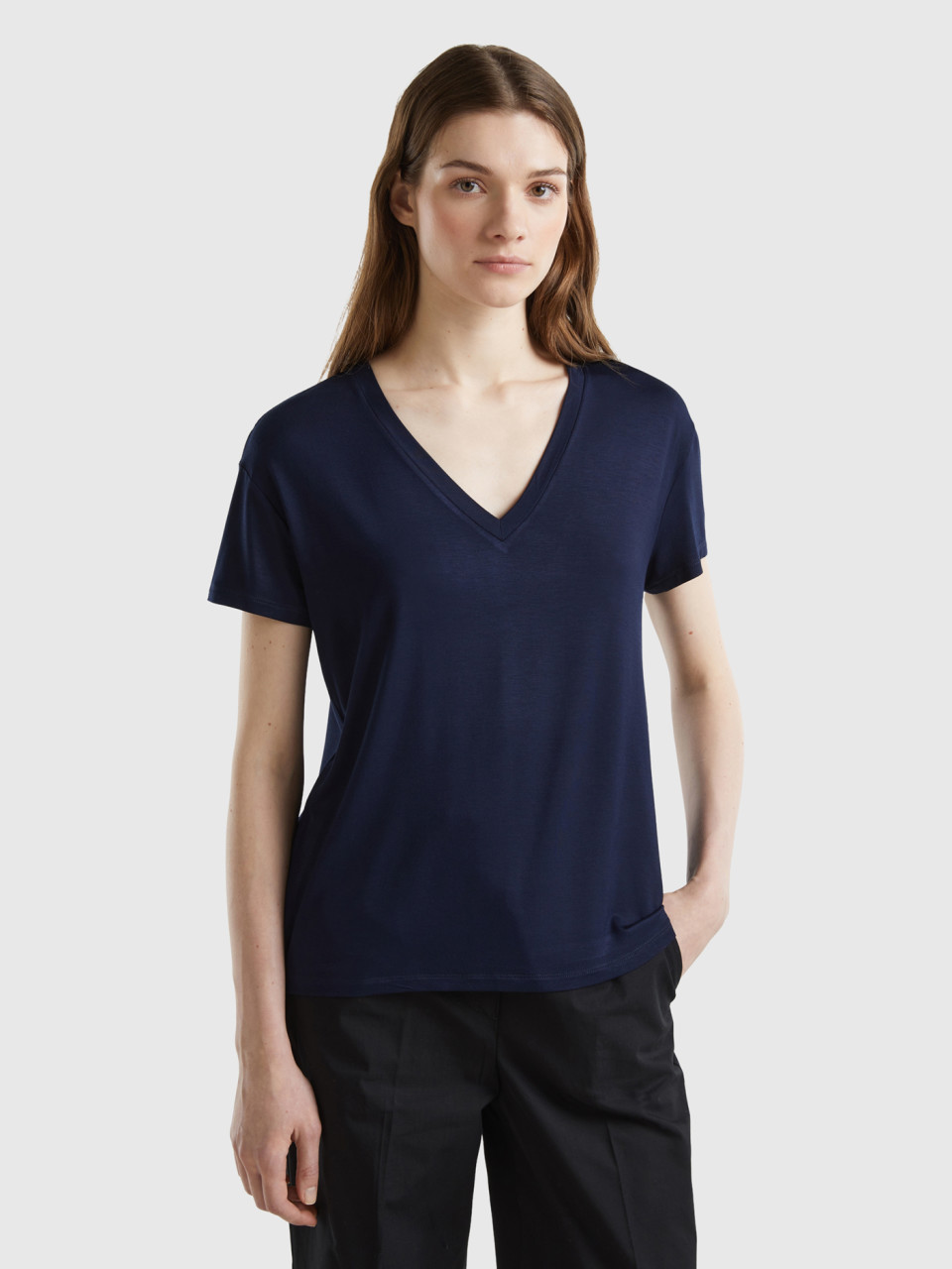 Benetton, T-shirt In Sustainable Stretch Viscose, Dark Blue, Women