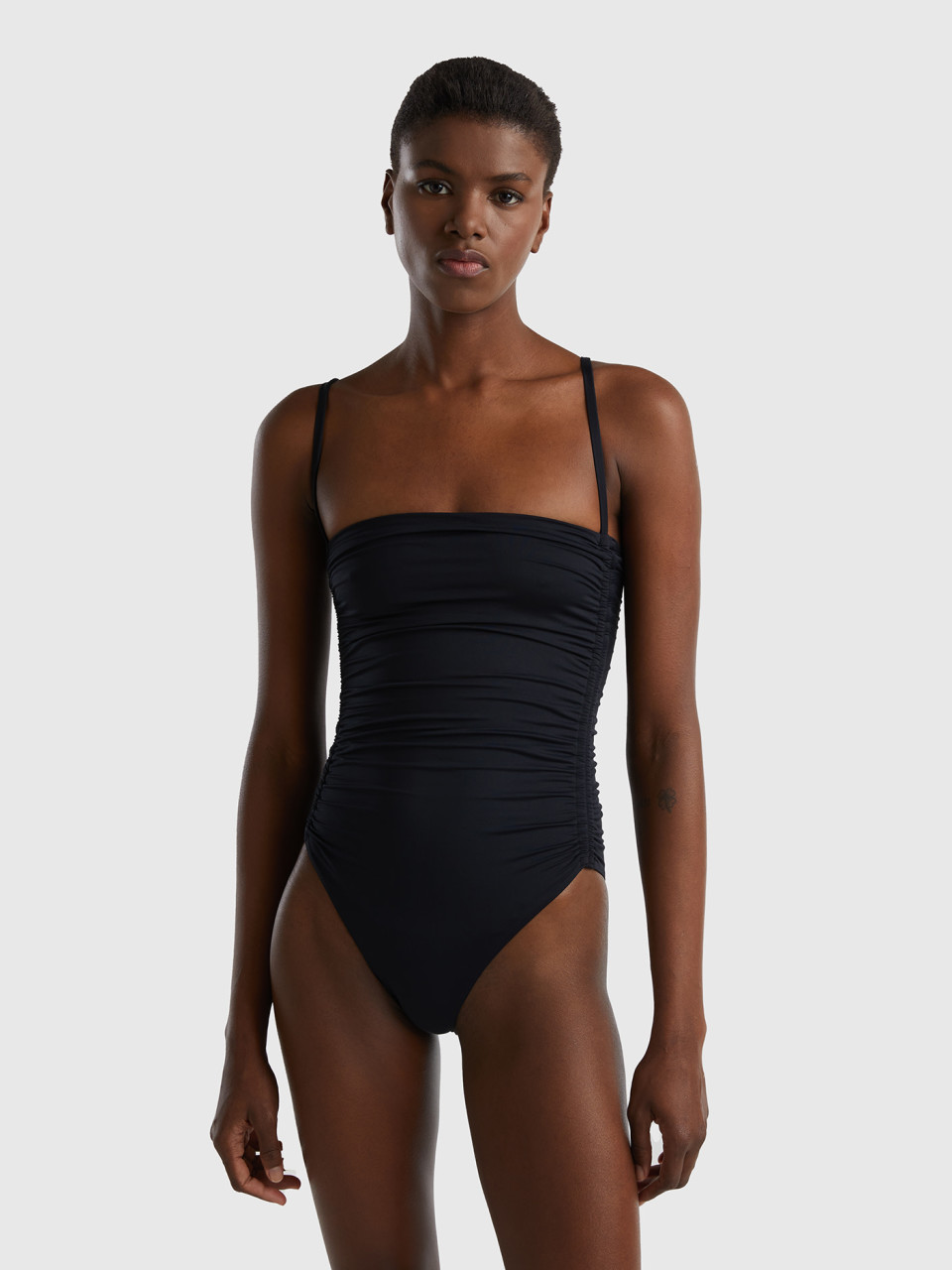 Benetton, One-piece Swimsuit In Econyl® With Draping, Black, Women