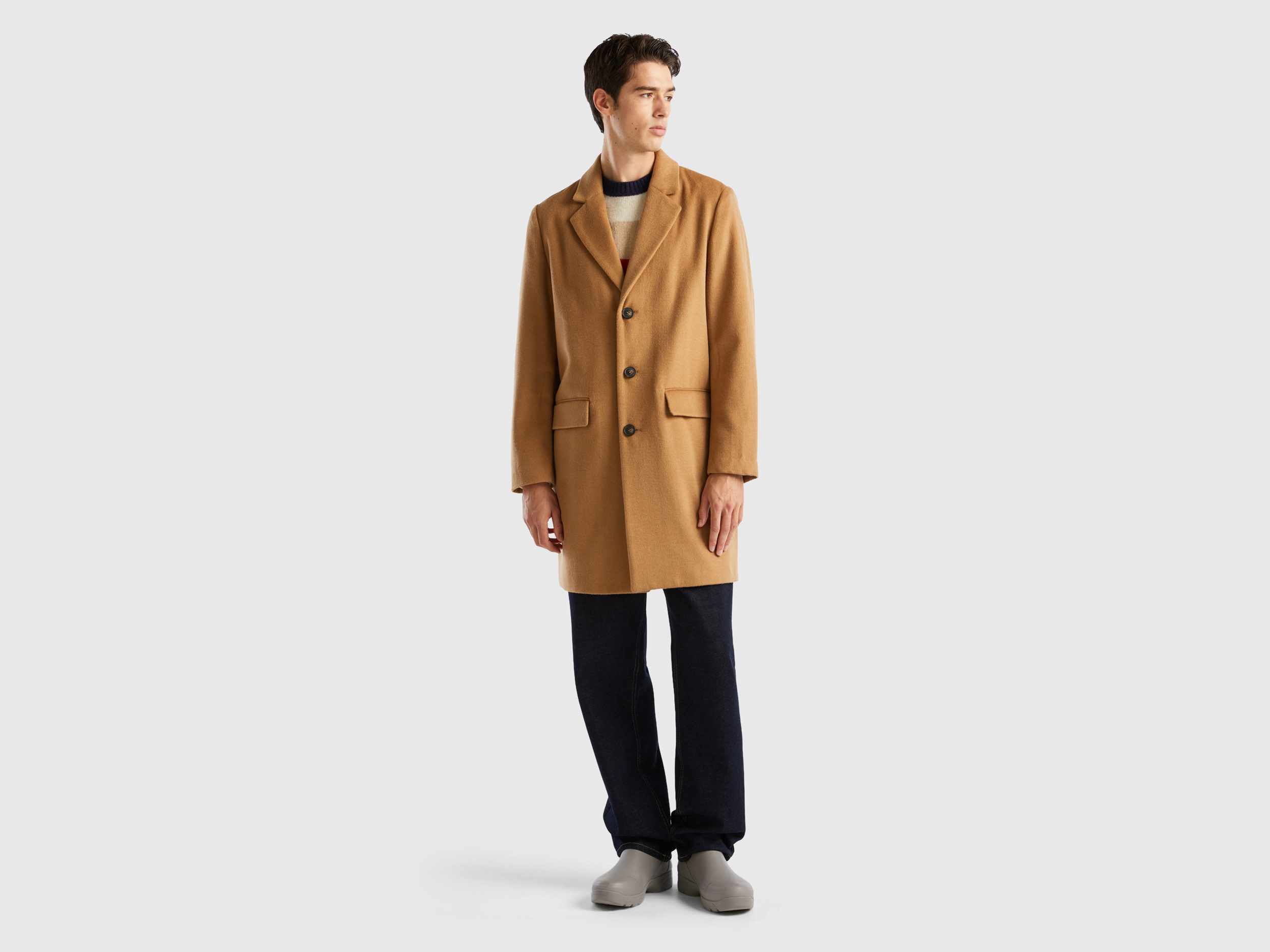 Benetton, Lined Coat In Wool Blend, size 38, Camel, Men