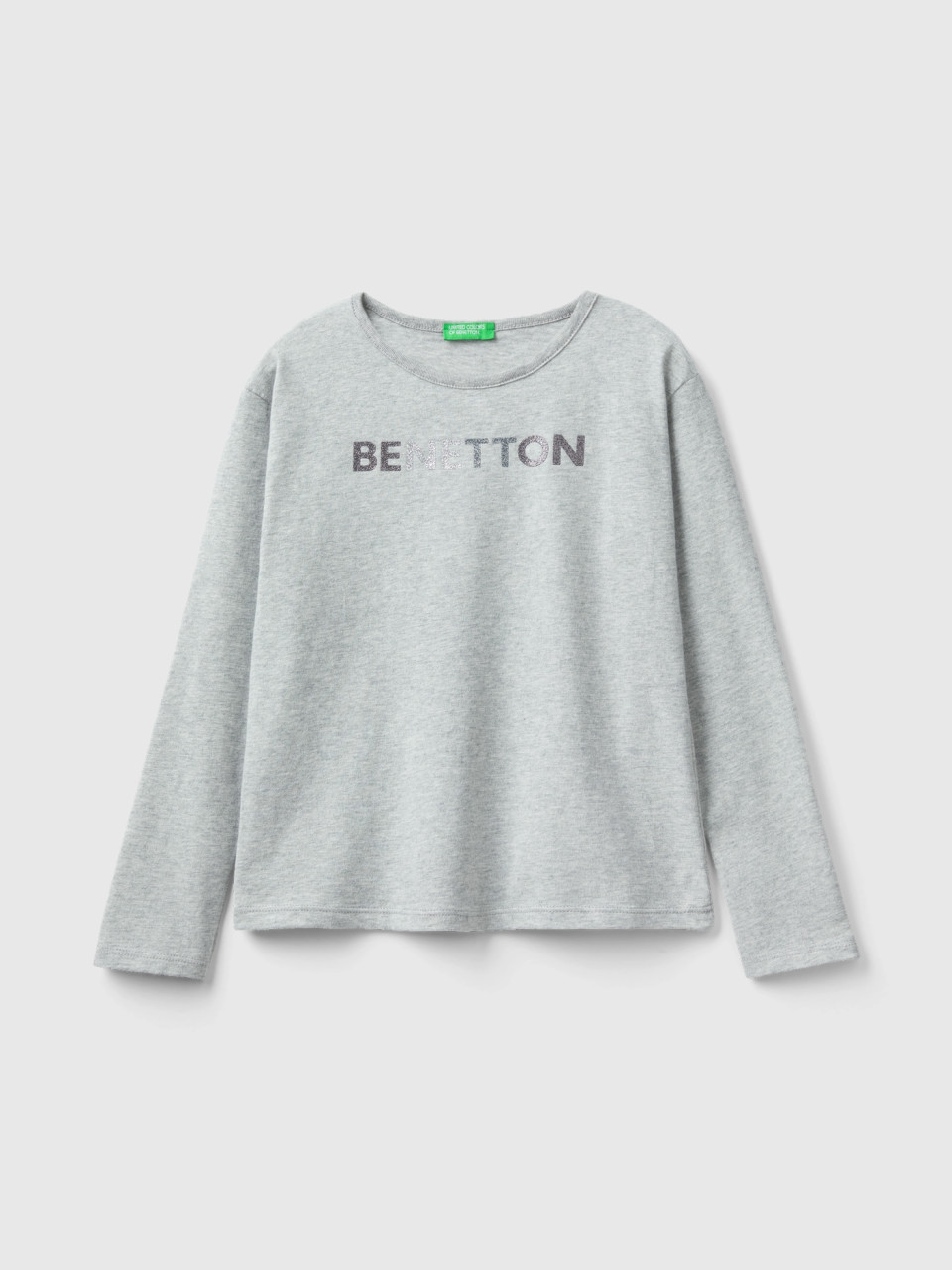 Benetton, T-shirt In Warm Organic Cotton With Glitter, Light Gray, Kids