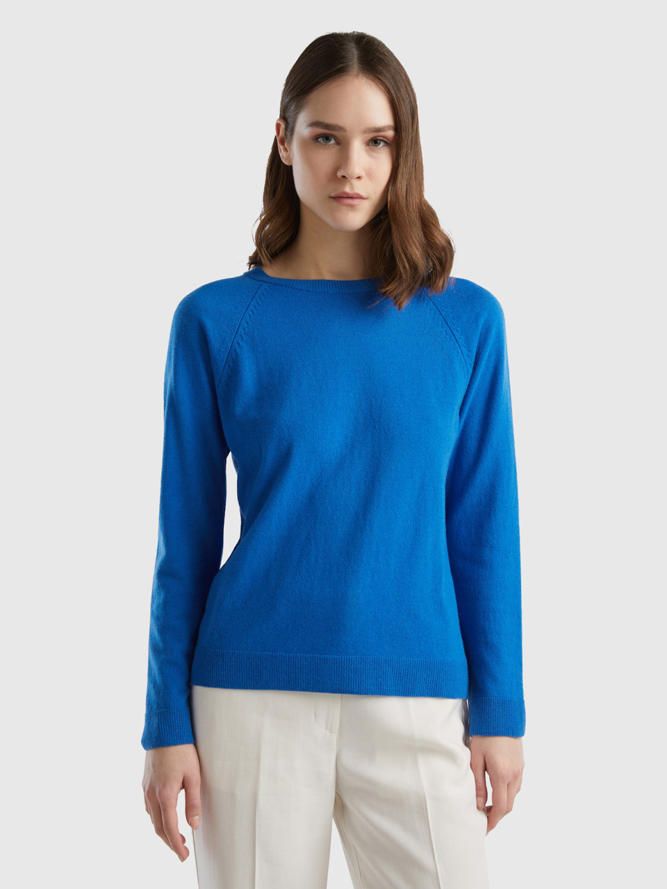 Benetton, Blue Crew Neck Sweater In Cashmere And Wool Blend, Blue, Women