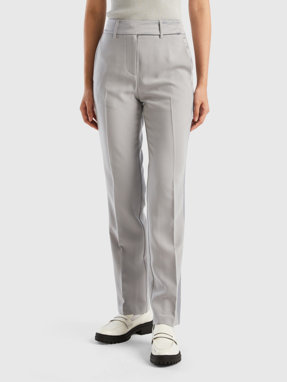 Benetton, Trousers With Satin Details, Light Gray, Women