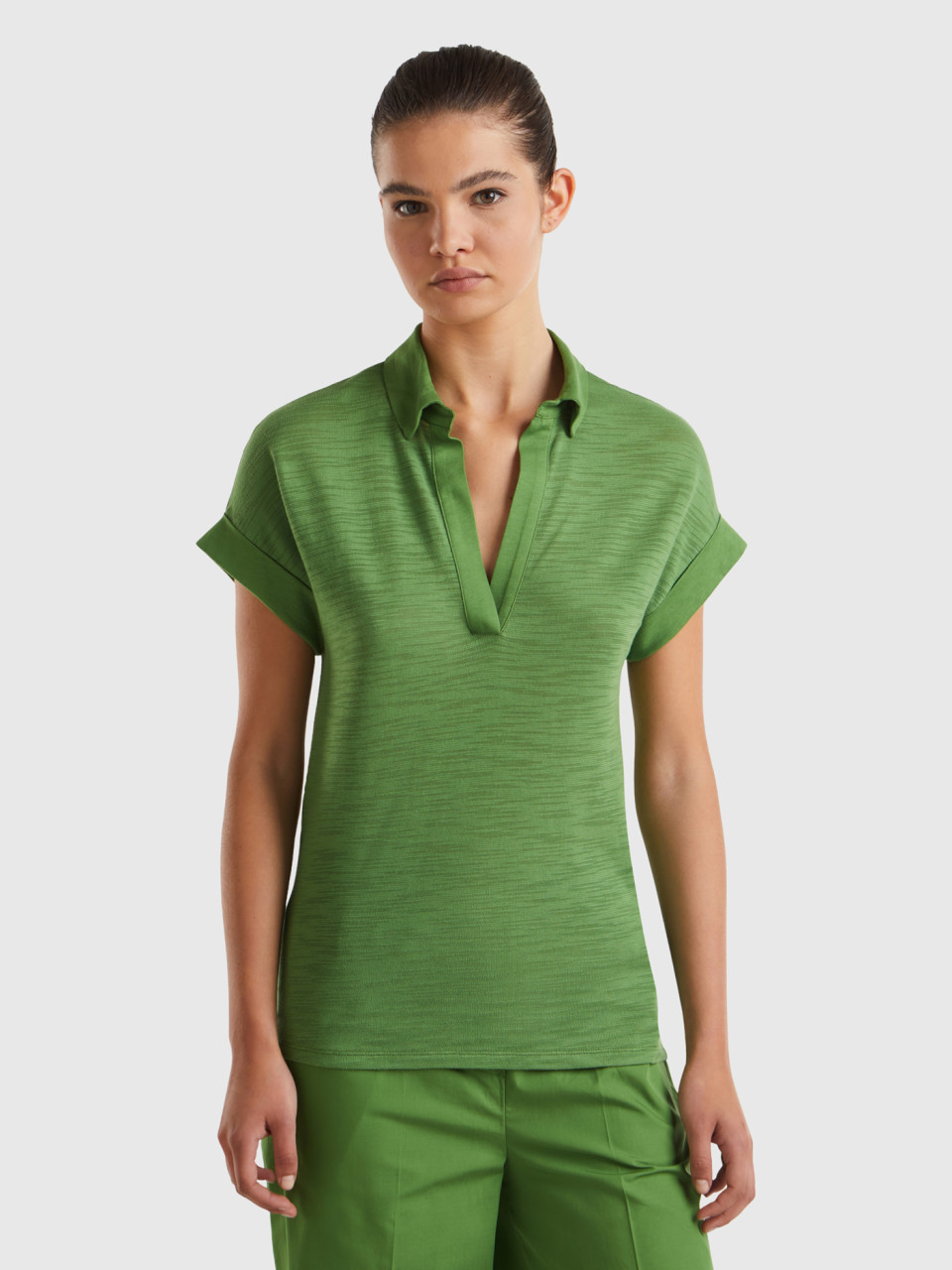 Benetton, Camiseta Ligera Tipo Polo, Militar, Mujer