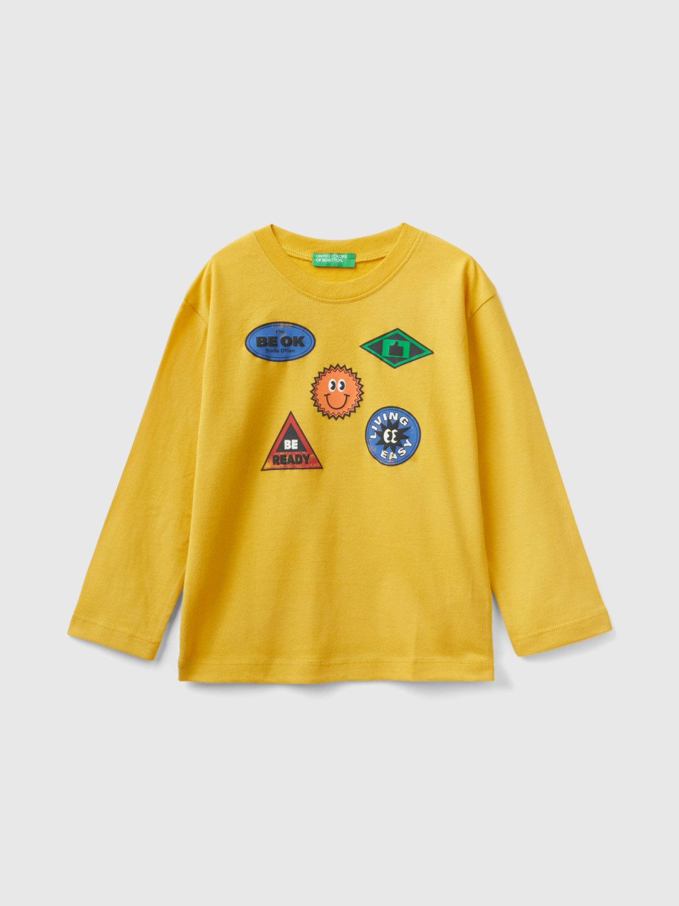Benetton, T-shirt En Chaud Coton Avec Imprimé, Jaune, Enfants