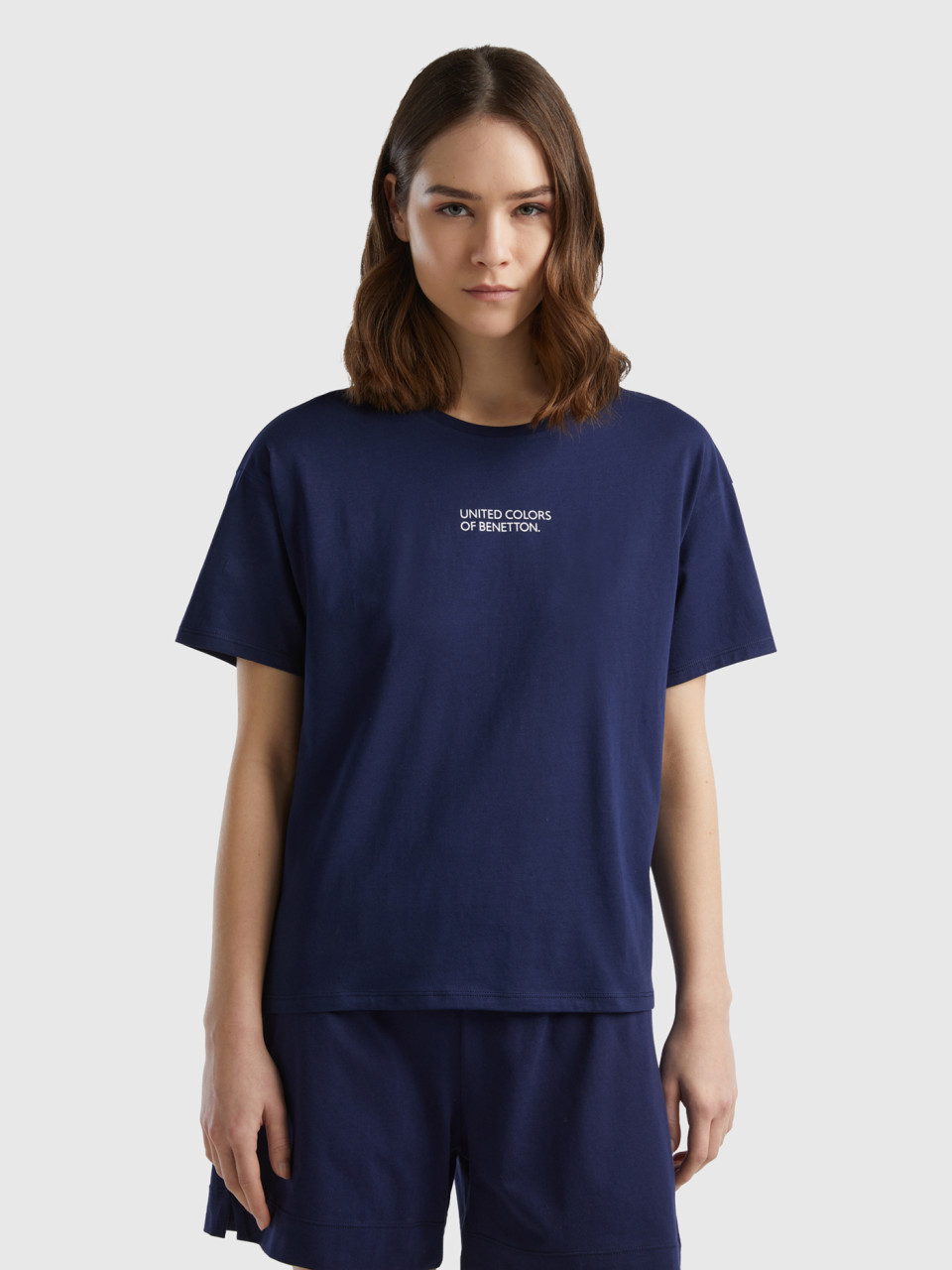 Benetton, T-shirt Manica Corta Con Logo, Blu Scuro, Donna
