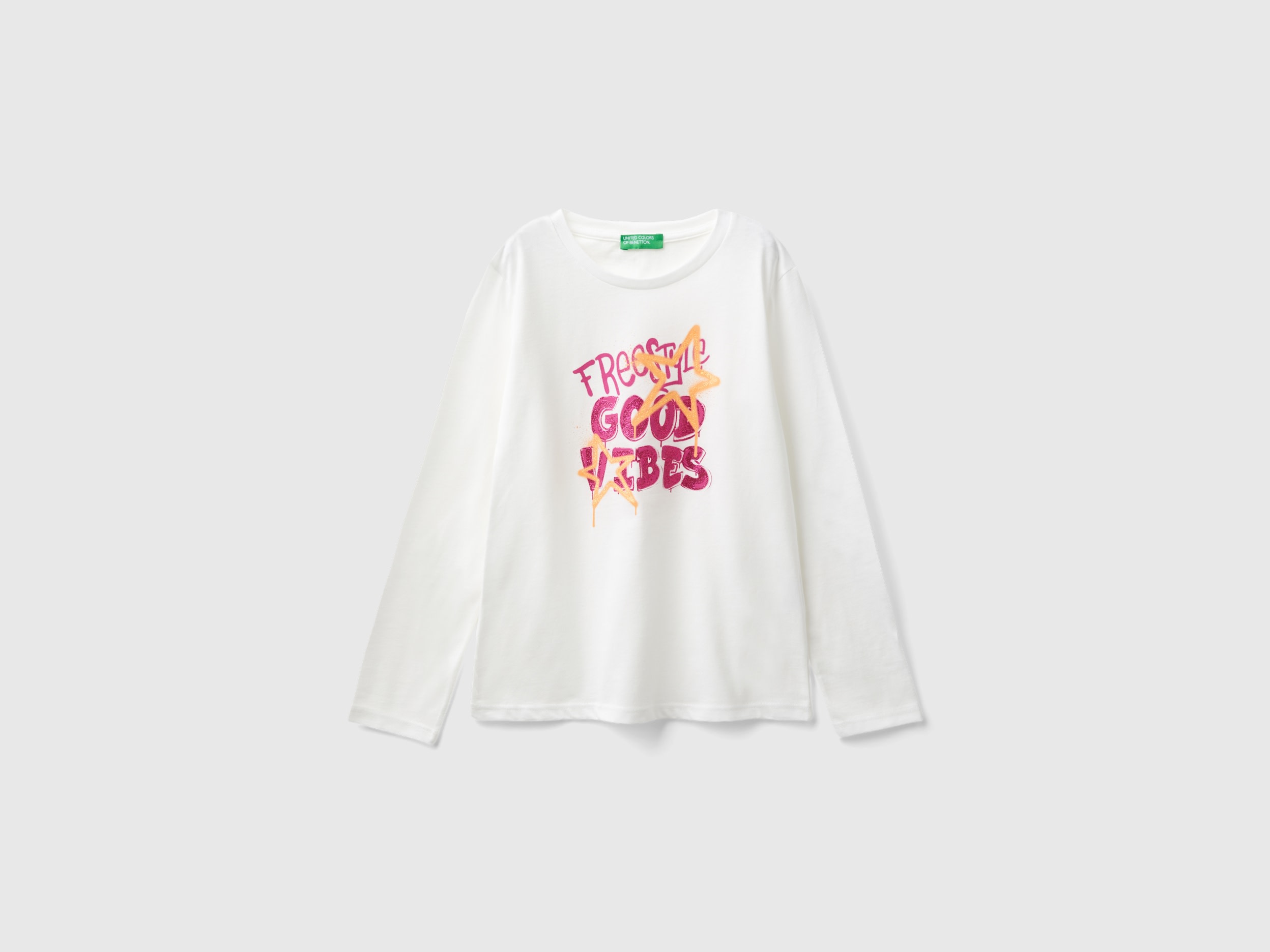 Benetton, T-shirt Manica Lunga In Cotone Bio, Bianco Panna, Bambini