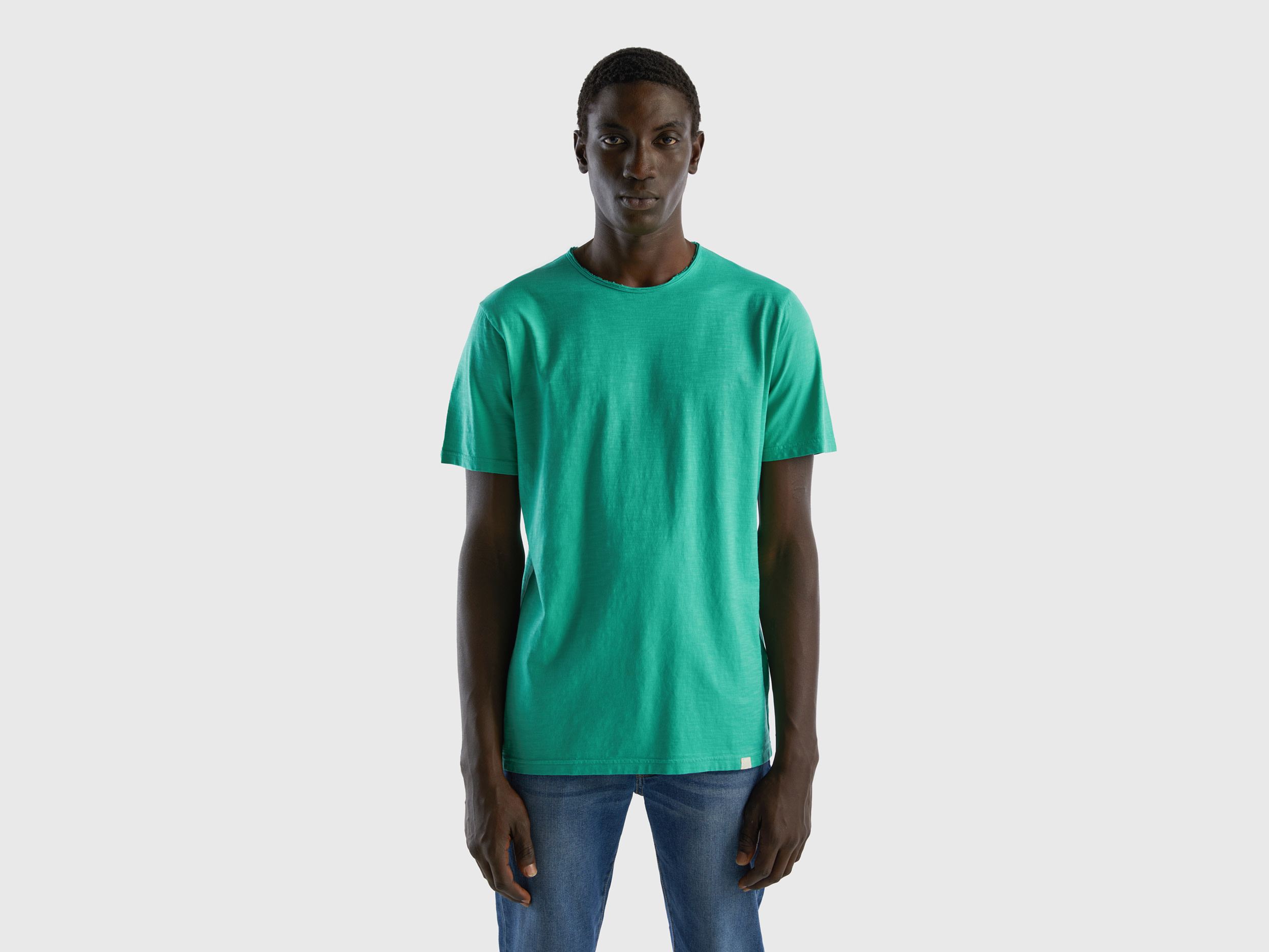 Benetton, T shirt Verde In Cotone Fiammato, Verde, Uomo