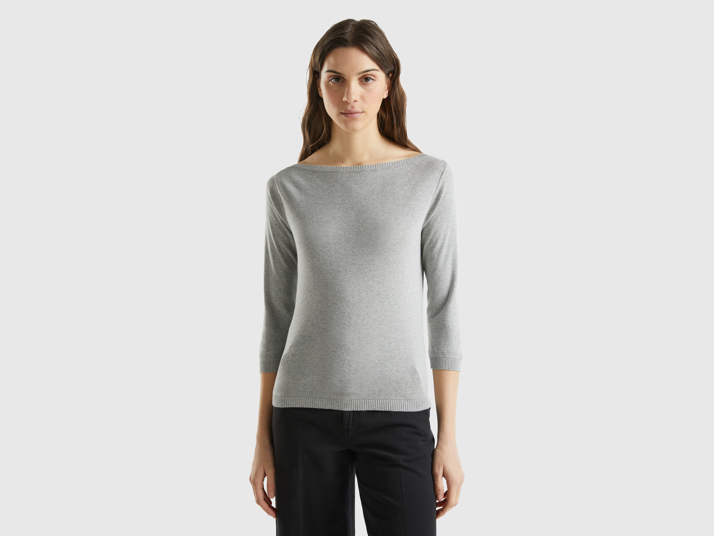 Benetton Online exclusive, 100% Cotton Boat Neck Sweater, size M, Light Gray, Women