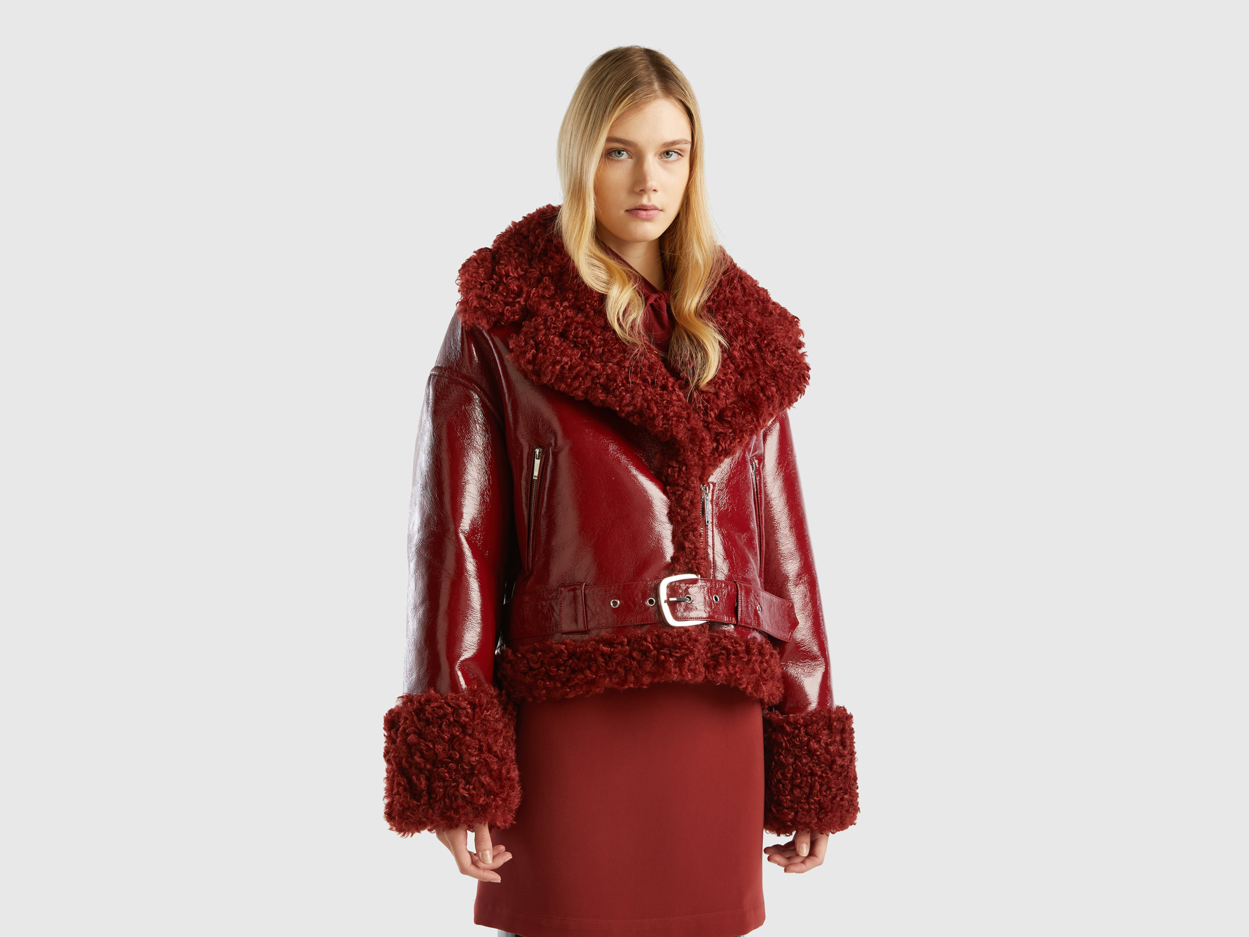 Benetton, Biker Jacket In Imitation Leather And Faux Fur, size XL, Burgundy, Women