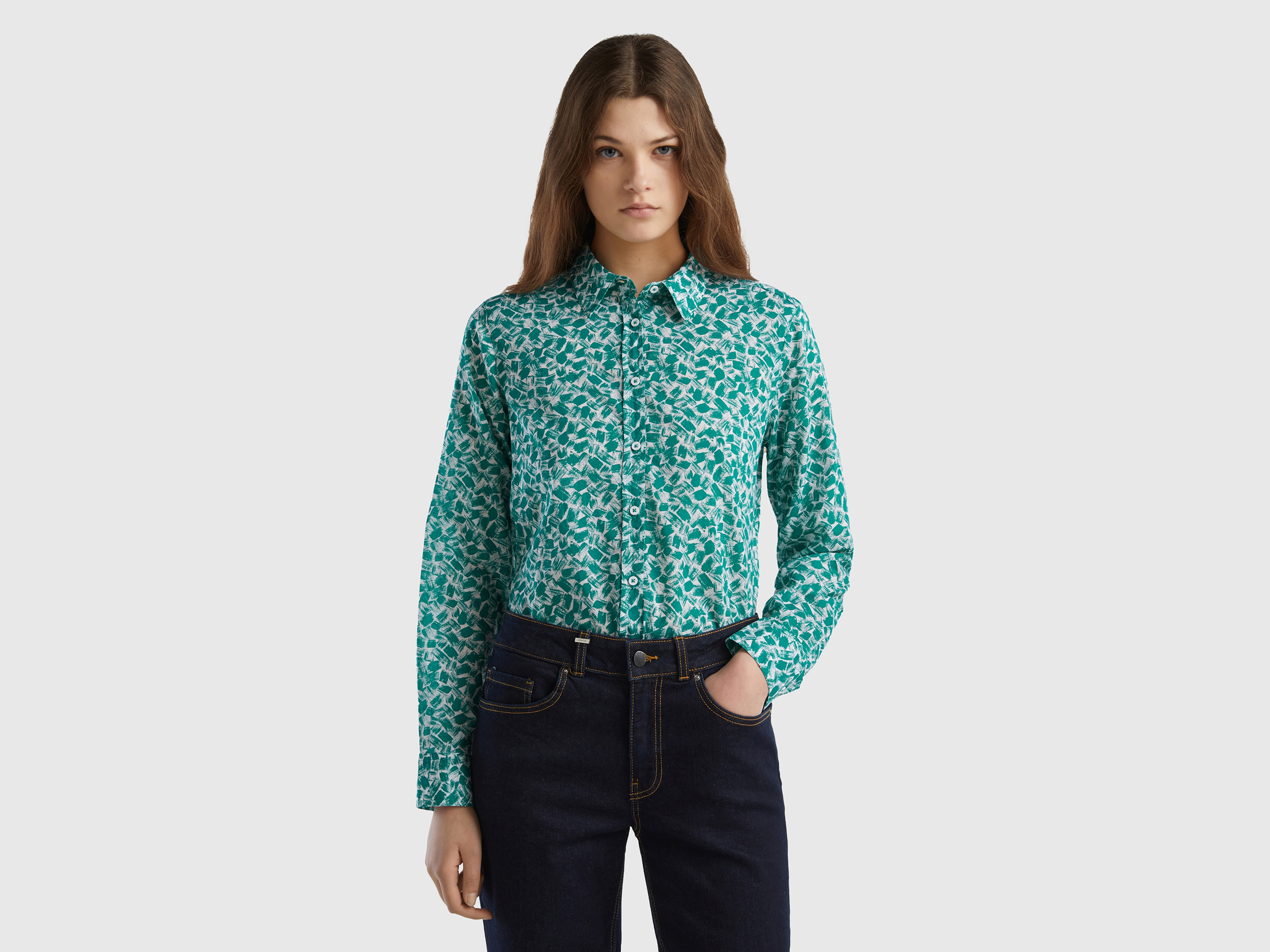 Benetton, 100% Cotton Patterned Shirt, size S, Teal, Women