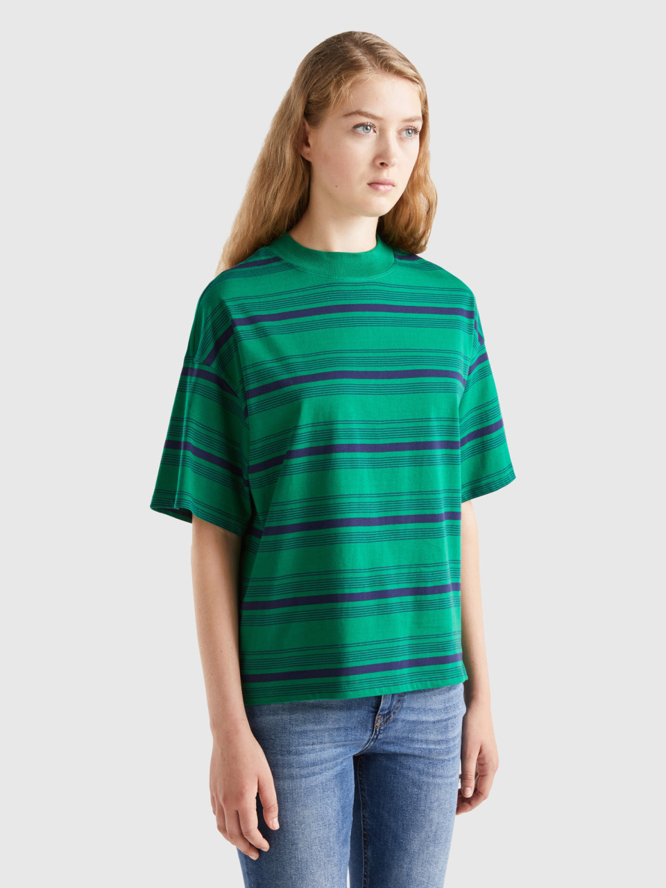 Benetton, Striped Turtleneck T-shirt, Green, Women