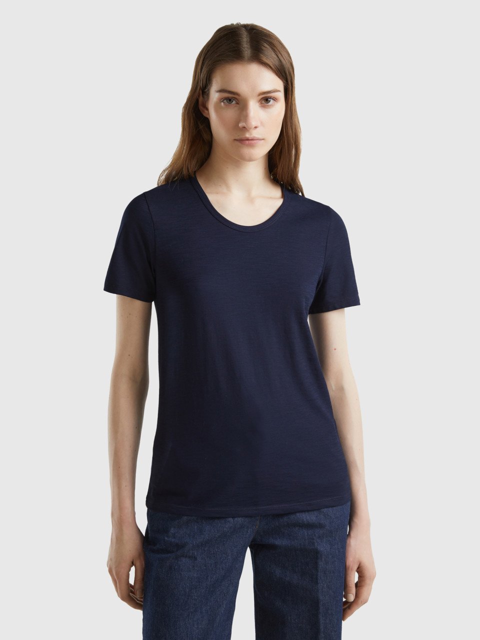 Benetton, Kurzärmeliges T-shirt Aus Leichter Baumwolle, Dunkelblau, female